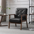 Mid Century Modern Accent Chair, Retro Wood and Leather Armchairs Side Chair, Lounge Reading Comfy Arm Chair for Living Room, Bedroom, Office (Black)