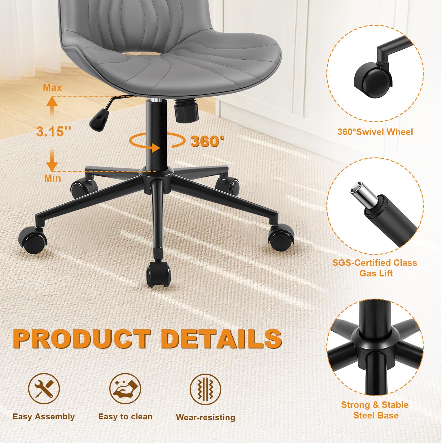 Armless Office Chair, Height Adjustable Desk Chair with Wheels, Ergonomic Comfy 360° Swivel Home Office Computer Task Chair, Faux Leather Padded Cute Vanity Chair, Gray