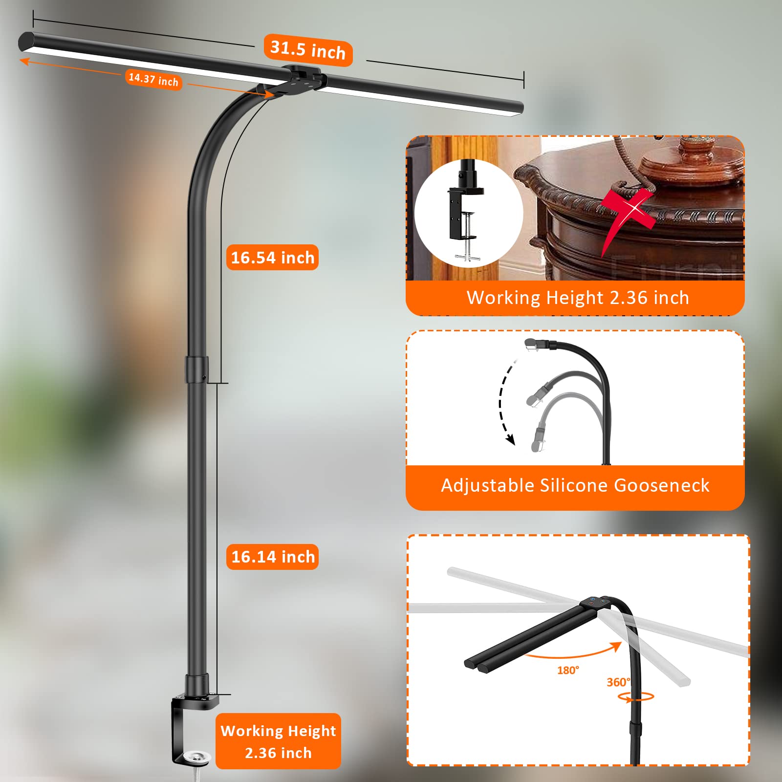 Double Head LED Desk Lamp, Architect Desk Lamps for Office, 24W Brightest Workbench Office Lighting-5 Color Modes and 5 Dimmable Eye Protection Modern Desk Lamp for Monitor Reading