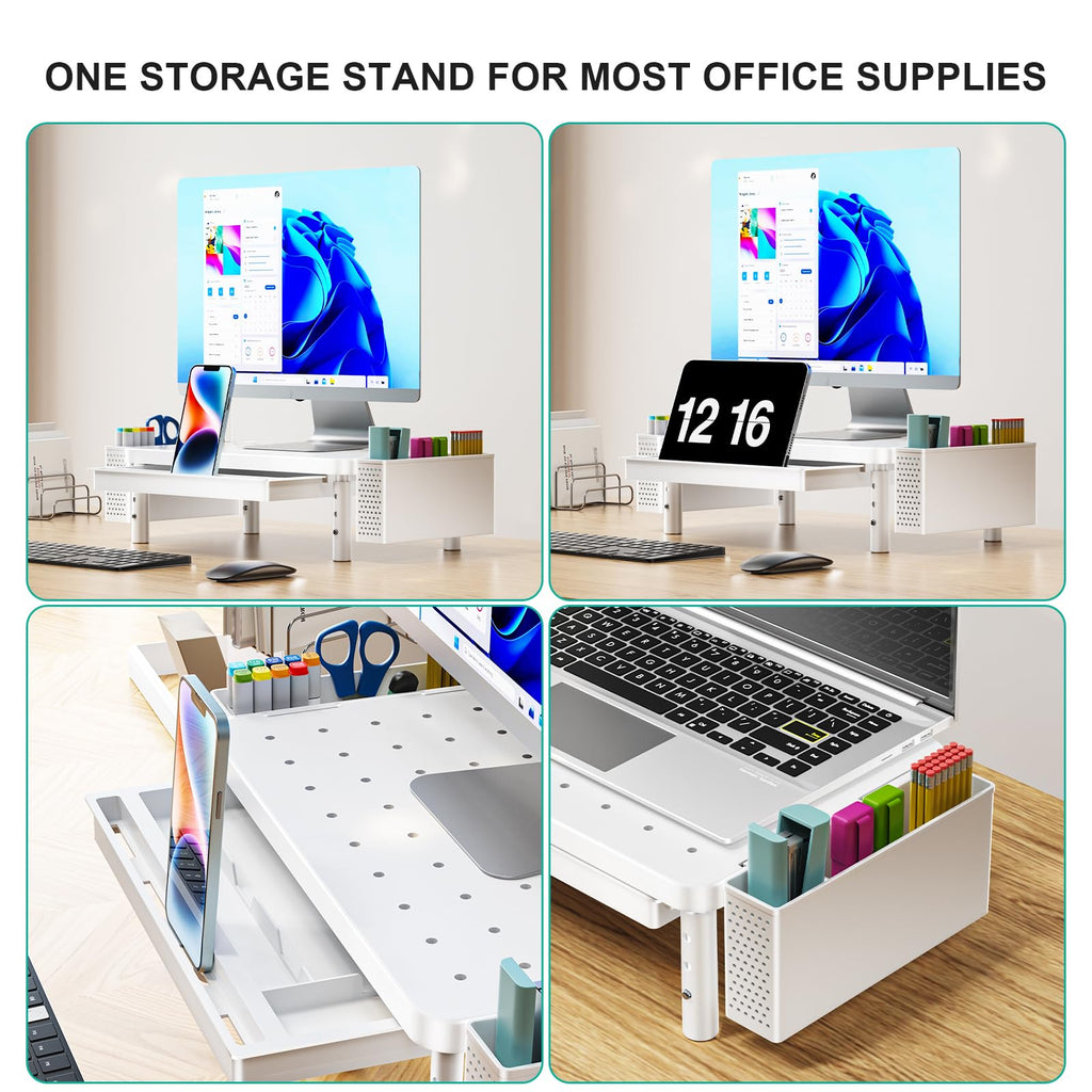 Computer Monitor Stand with Storage, Desk Organizer with Drawer and Pen Holder, Desk Monitor Riser 3 Height Adjustable, Laptop Riser for Computer, Laptop, Printer(PTT003-W), 1 Pack, White