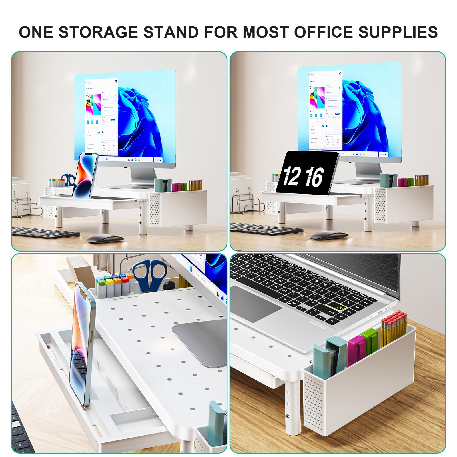 Computer Monitor Stand with Storage, Desk Organizer with Drawer and Pen Holder, Desk Monitor Riser 3 Height Adjustable, Laptop Riser for Computer, Laptop, Printer(PTT003-W), 1 Pack, White