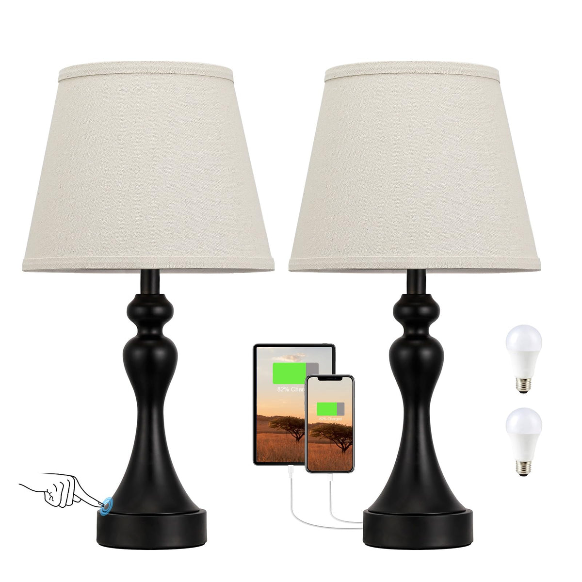 Touch Lamps for Nightstand, 3 Way Dimmable Bedside Lamps with USB C+A Ports