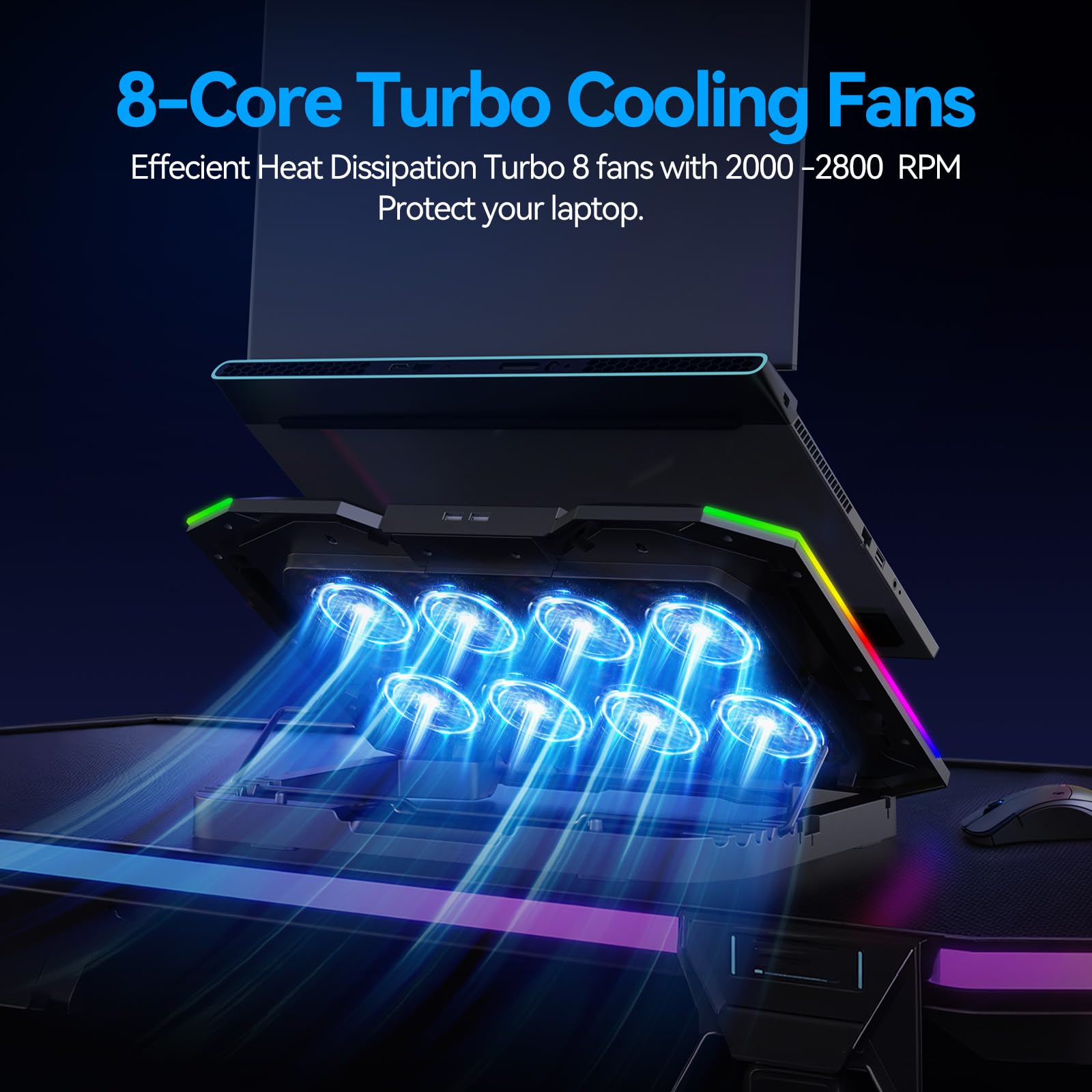 Laptop Cooling Pad with 8 Cooling Fans, Laptop Fan Cooler Pad for 15-17.3 Inch, Notebook Cooler Stand with 6 Height Adjustable, RGB Cooling Pad with Two USB Port + Phone Stand