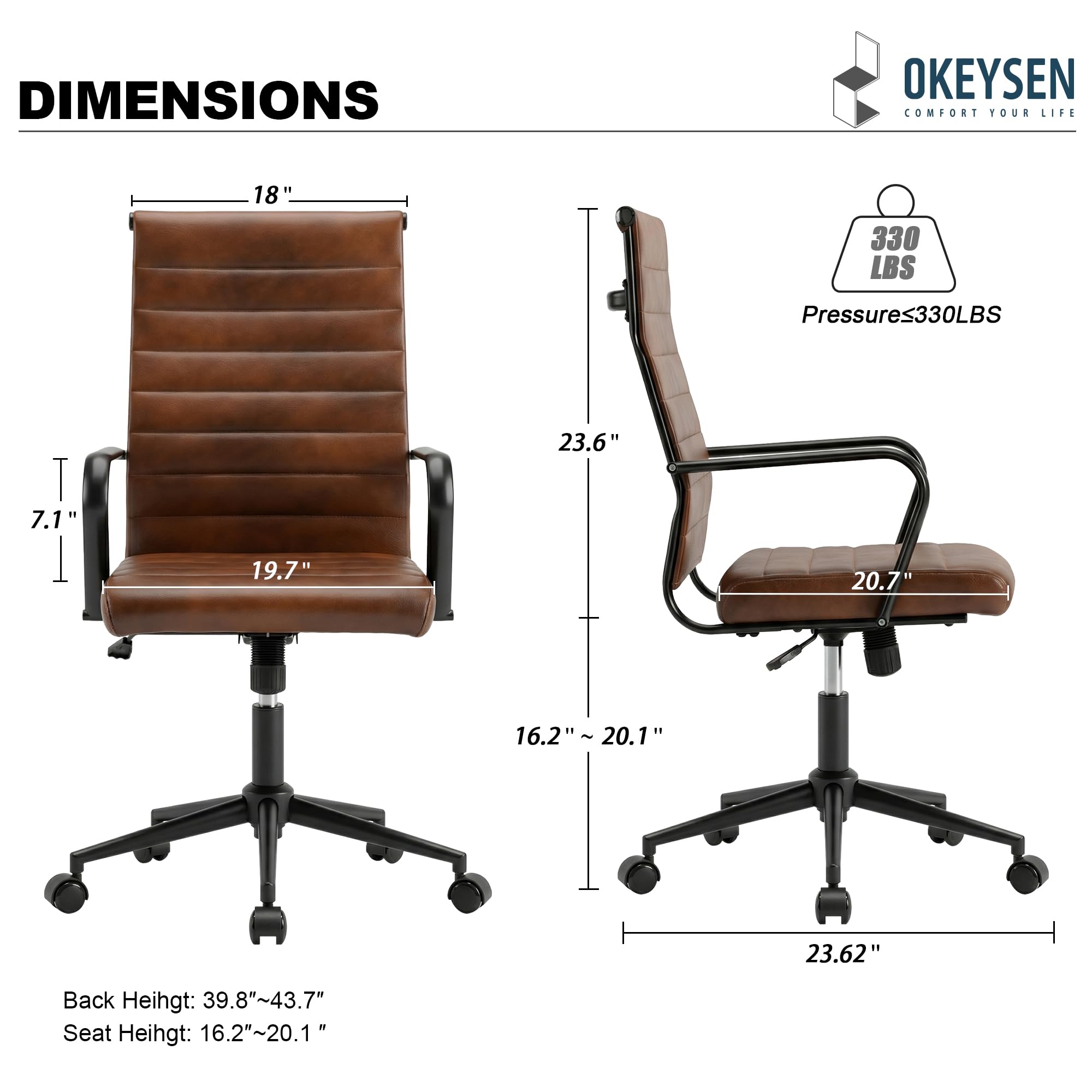Leather Office Desk Chair, Mid-Century Modern Leather Conference Room Chairs, Ergonomic Executive Ribbed Height Adjustable Swivel Rolling Chair for Home Office.
