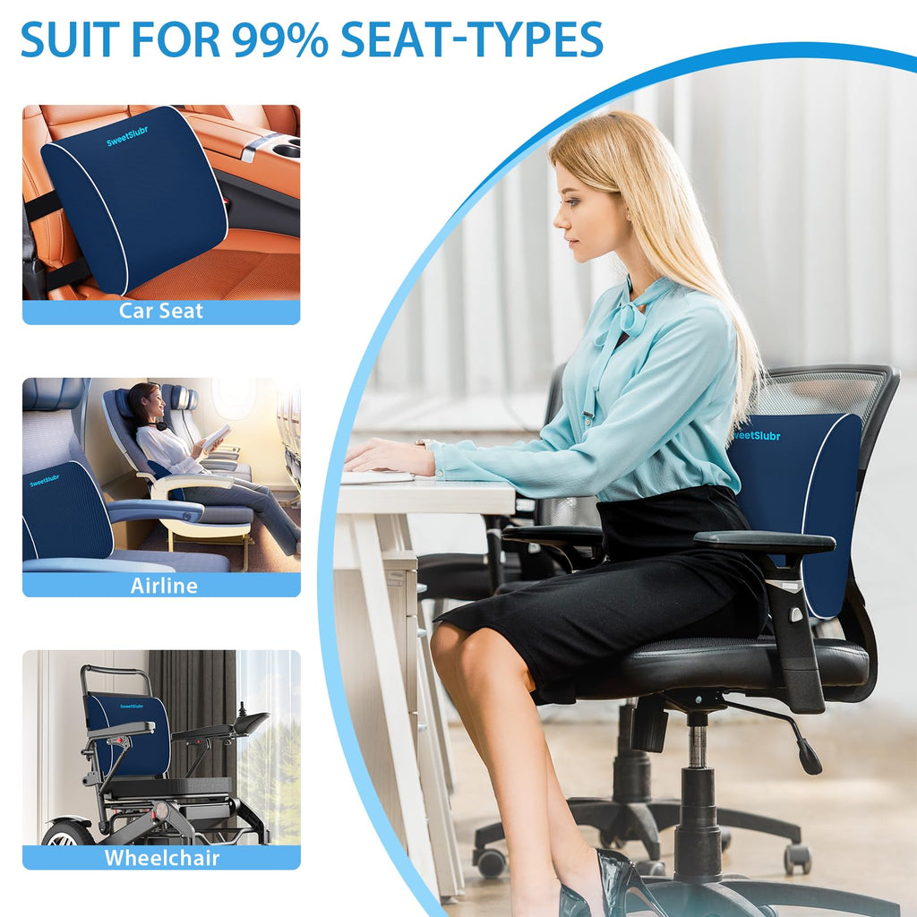 Large Lumbar Support Pillow for Office Chair, Car Seats and Home Desks, Ergonomic Back Support with Double Adjustable Straps, Machine Washable Cover (Blue,XL)