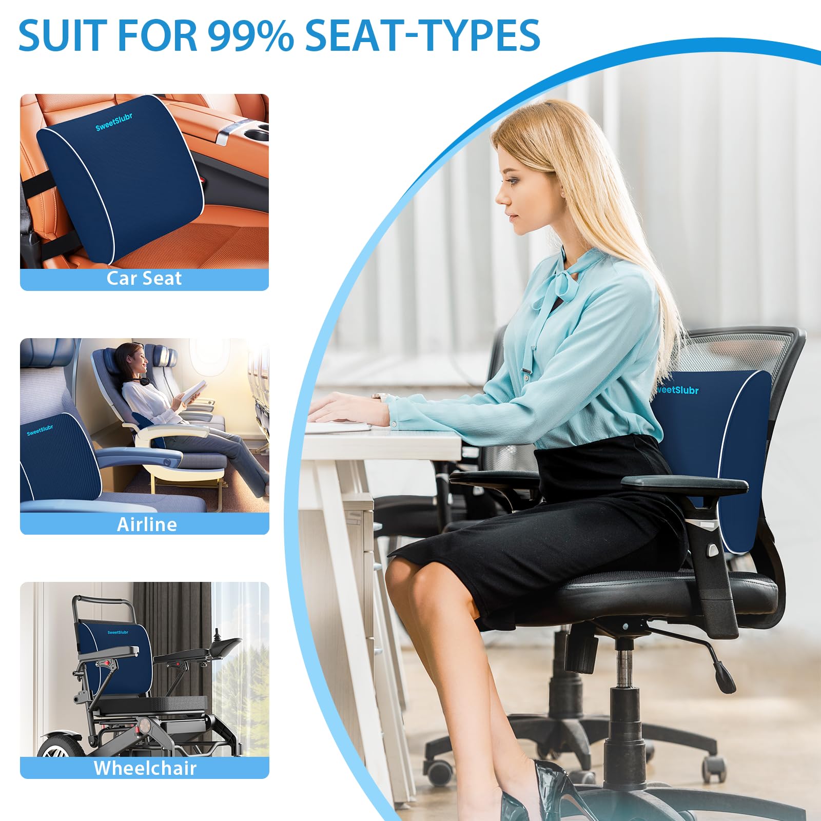Large Lumbar Support Pillow for Office Chair, Car Seats and Home Desks, Ergonomic Back Support with Double Adjustable Straps, Machine Washable Cover (Blue,XL)