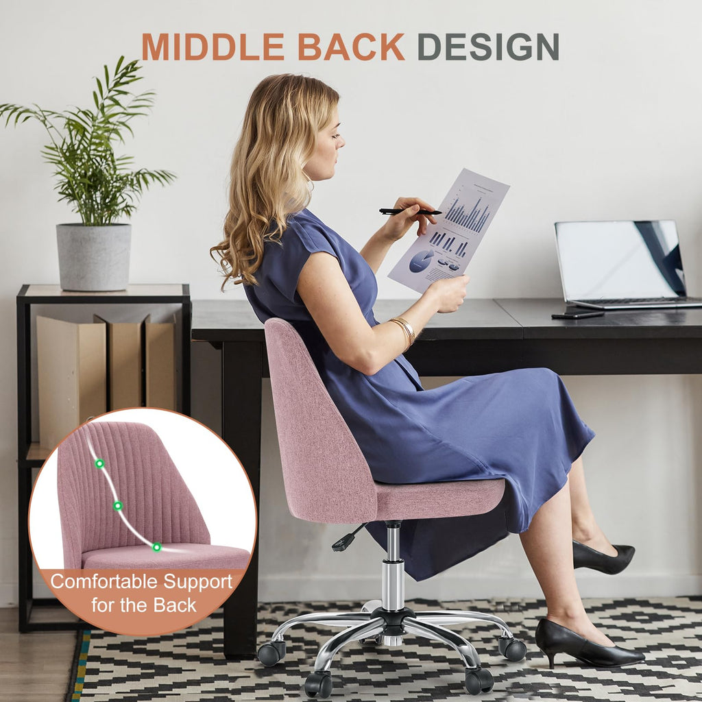 Office Desk Chair, Modern Cute Rolling Vanity Swivel Task Seating with Wheels, Comfortable Back Seat Armless for Home, Bedrooms, Study, Student, Adults, Make-Up, Dressing Room Dusty Rose