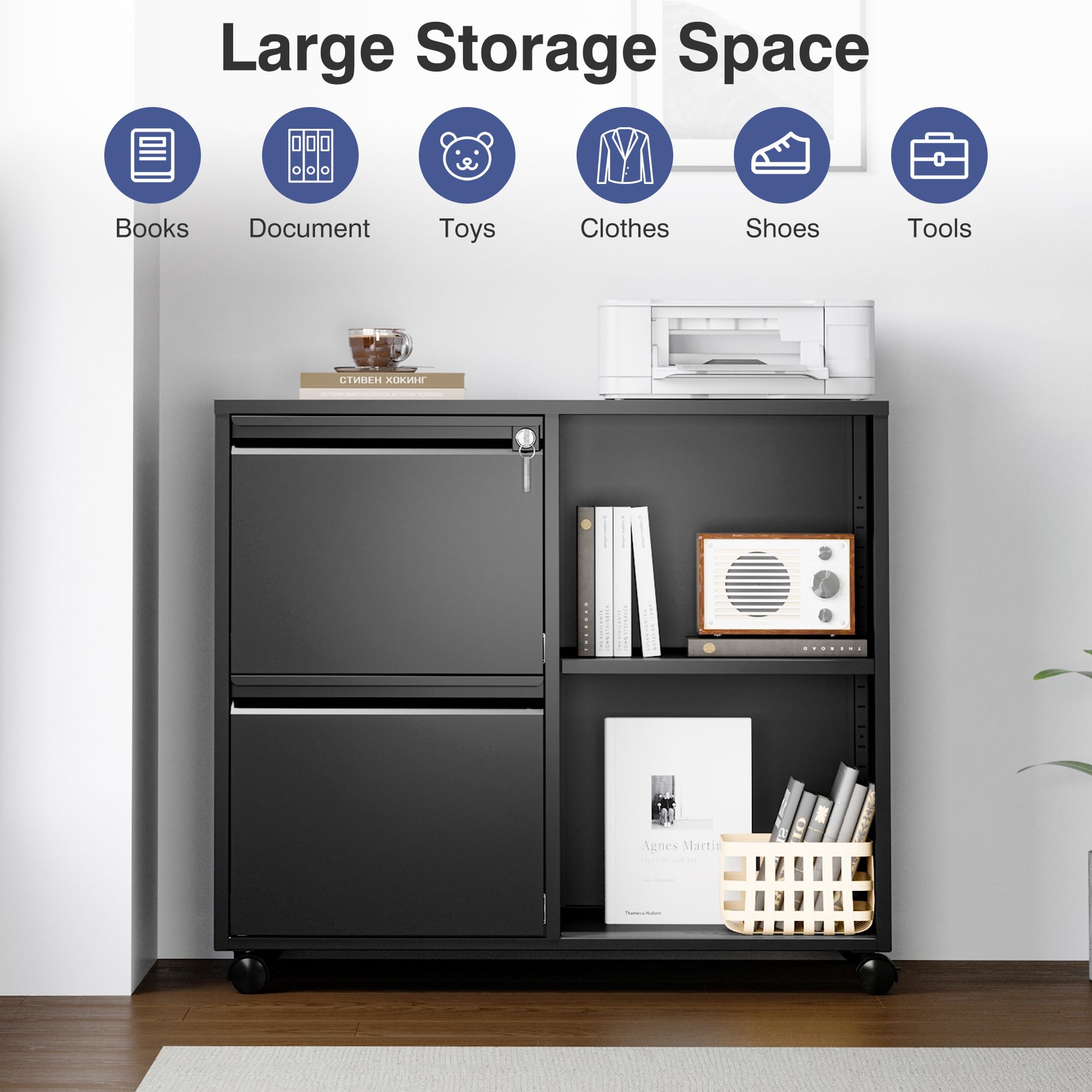 Mobile File Cabinet with Side Hook, 2 Drawer Lateral File Cabinet with Lock fits A4/Letters/Legal Size for Home Office,Metal Rolling Printer Stand with Open Storage Adjustable Shelves(Black)