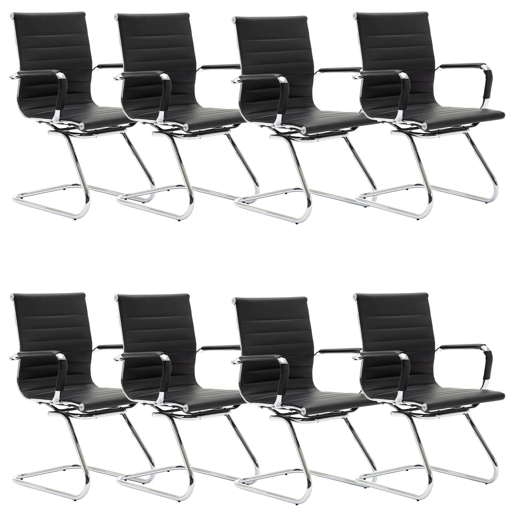 Conference Room Chairs Set of 8, Faux Leather Office Guest Chairs with Arms, Reception & Waiting Room Seating, No Wheels Meeting Chairs with Mid Back Support and Chrome Sled Base, Black