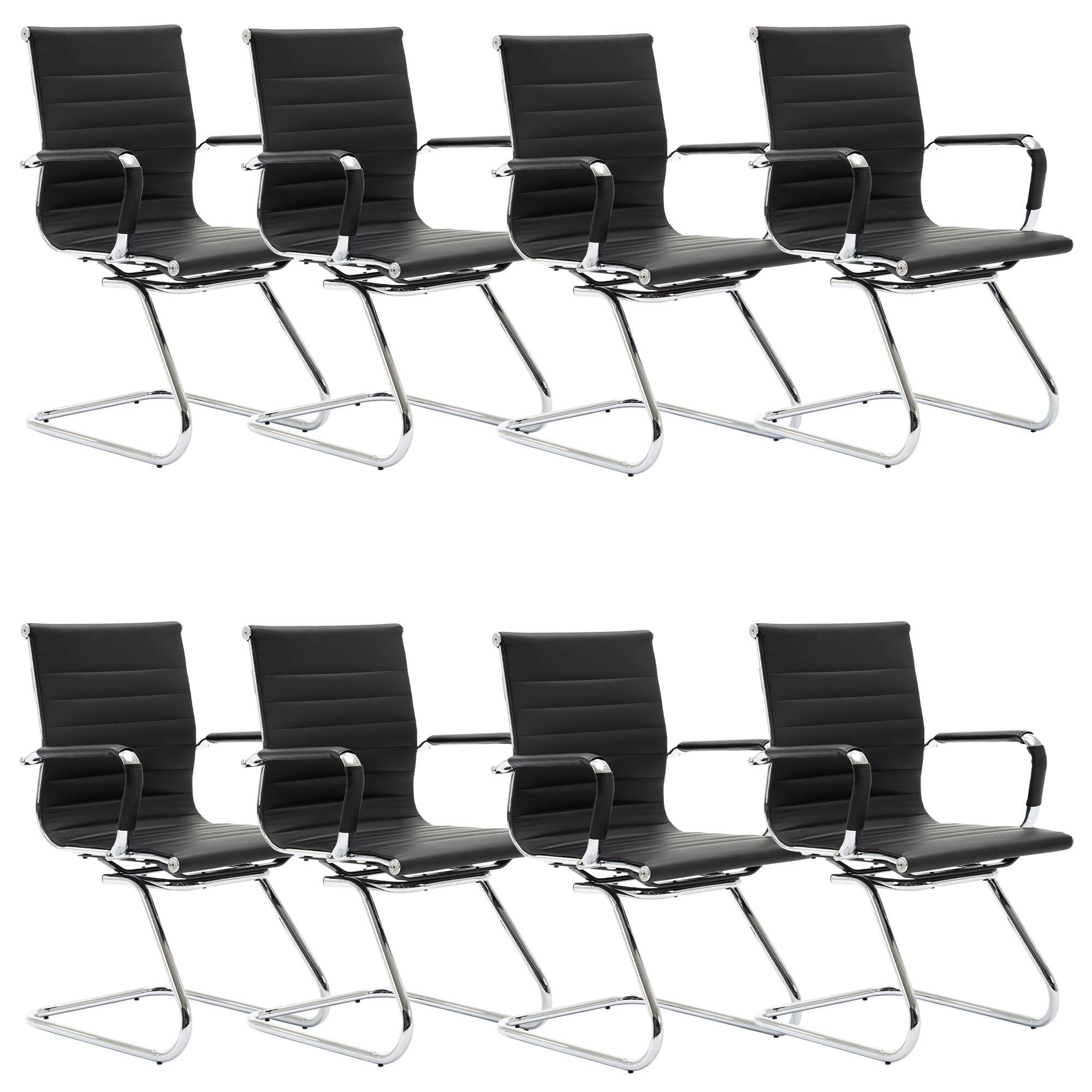 Conference Room Chairs Set of 8, Faux Leather Office Guest Chairs with Arms, Reception & Waiting Room Seating, No Wheels Meeting Chairs with Mid Back Support and Chrome Sled Base, Black