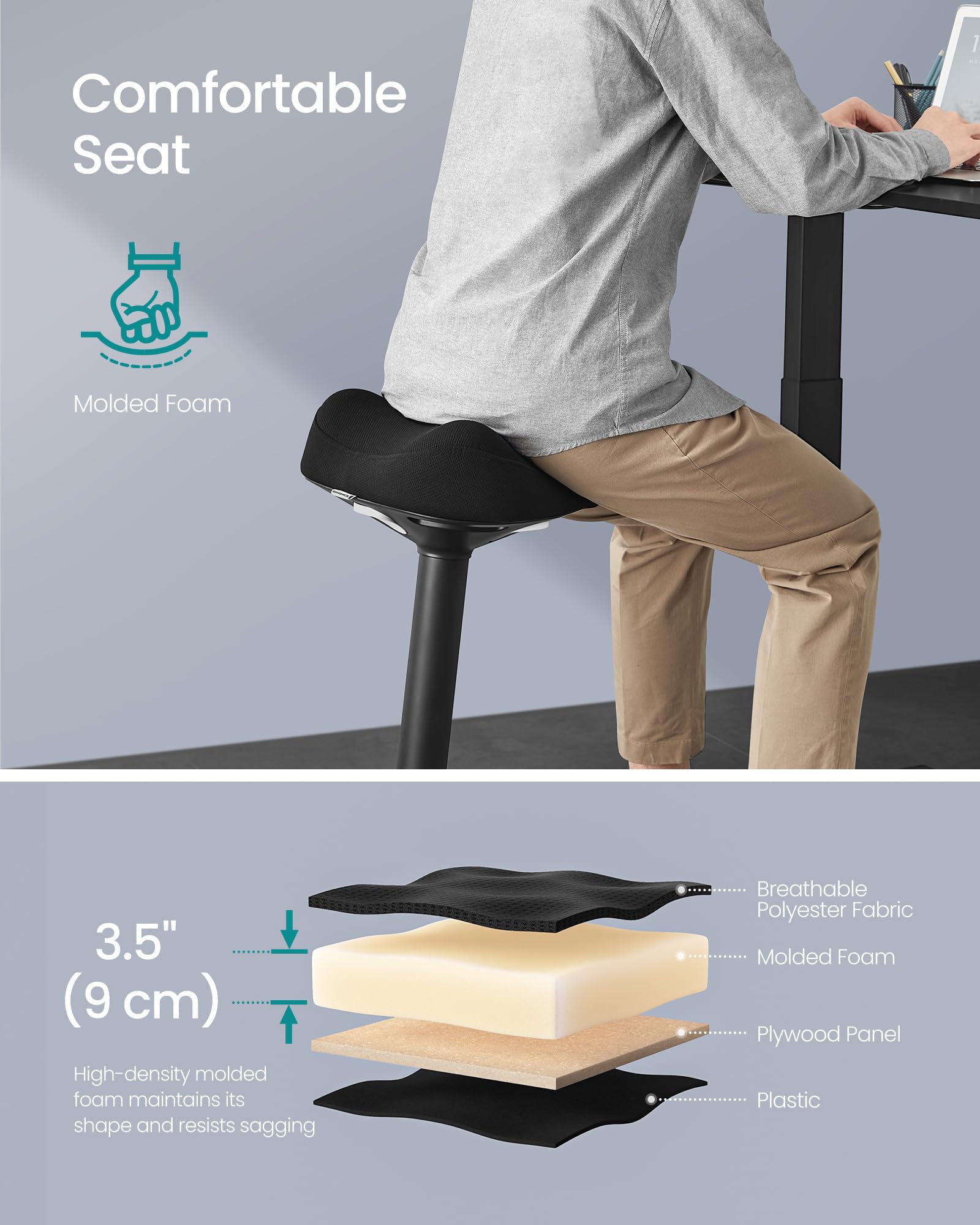 Ergonomic Sit Stand  Stool, Height Adjustable Standing Desk Stool 23.3-33.1 Inches, Swivel Balance Chair with Non-Slip Base, Saddle Seat, for Active Sitting, Office, Home, Ink Black