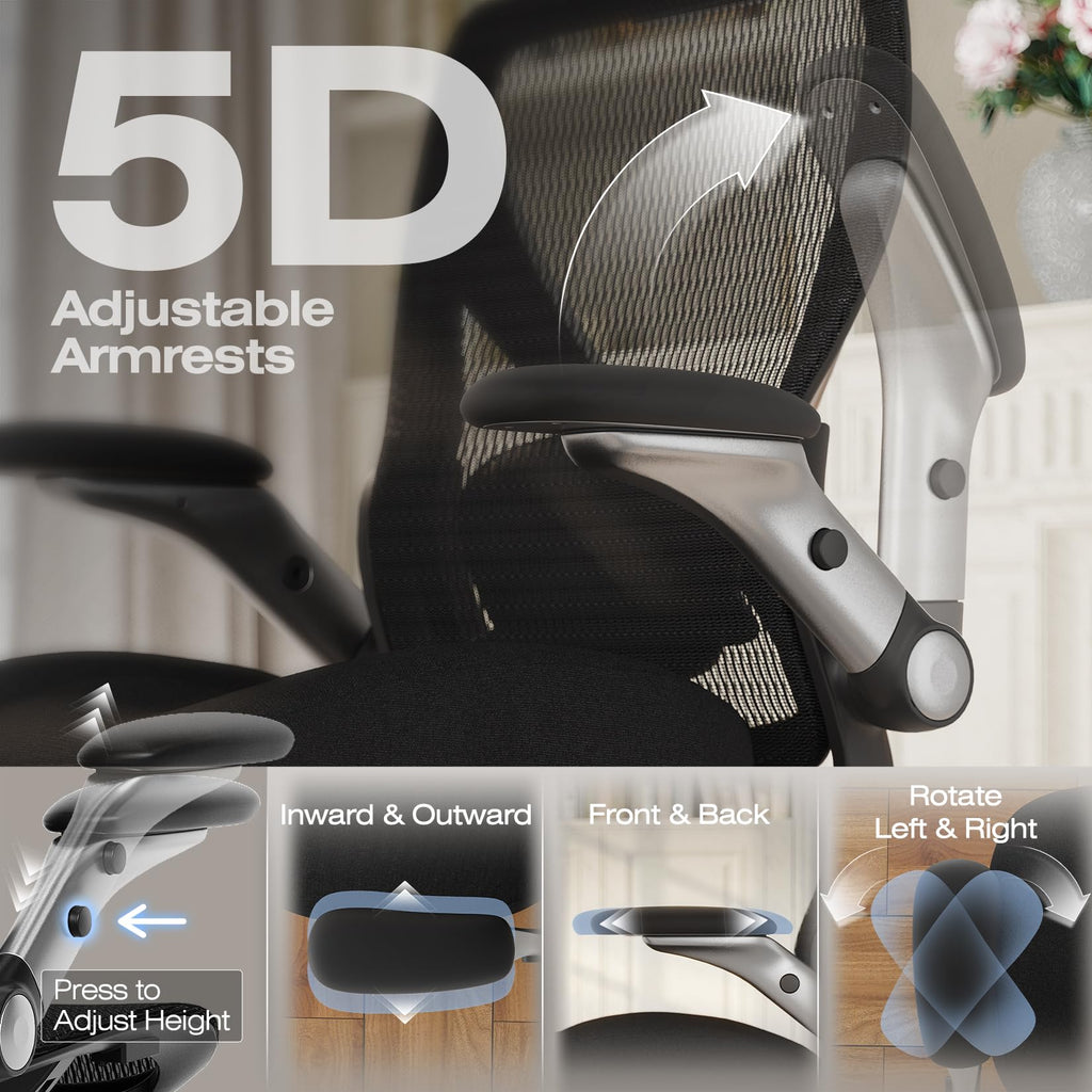 X100 Ergonomic Mesh Office Chair, Big and Tall Hone Desk Chair with 5D Flip-Up Arms, Adjustable 3D Lumbar Support,Gaming & Executive Computer Chairs for Long Hours, Padded Seat