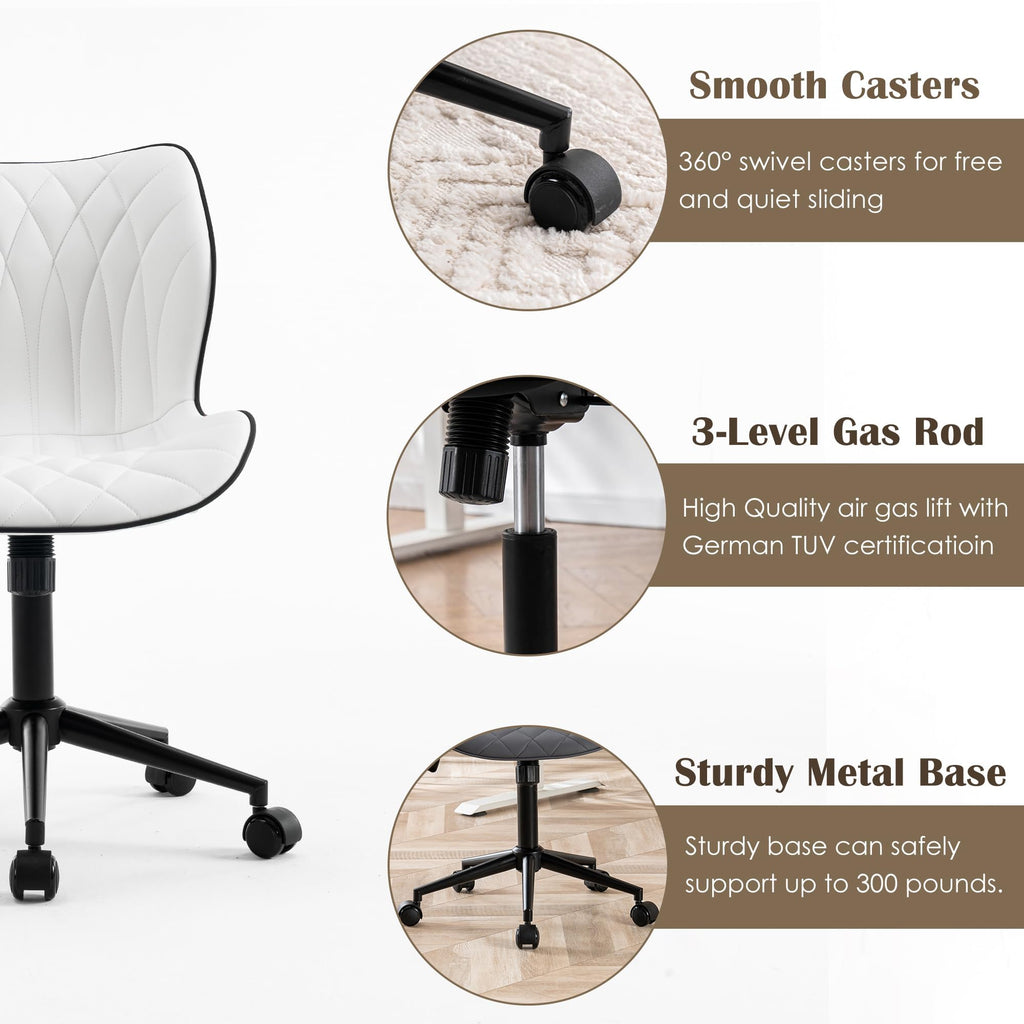 Armless Desk Chair Comfy Office Chair with Wheels Home Ergonomic Task Chair Adjustable Computer Chairs Modern Faux Leather Swivel Chair Upholstered Makeup Vanity Chair with Back(White)