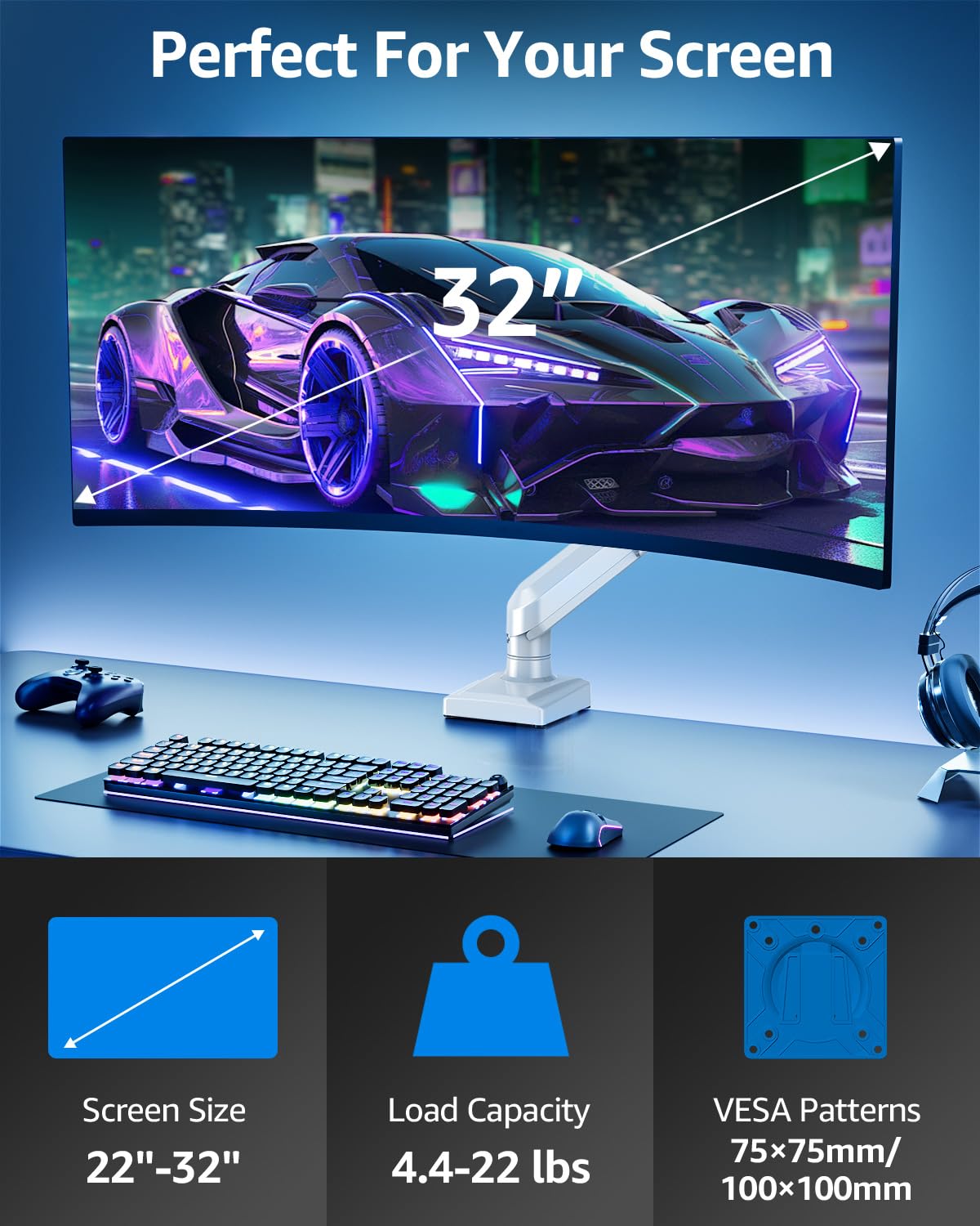 Single Monitor Mount for 32 27 24 22 inch Screen, Monitor Arm Holds 4.4-22 lbs, Monitor Desk Mount, Gaming & Home Office Use, VESA 75x75mm & 100x100mm, Freelift Pro White