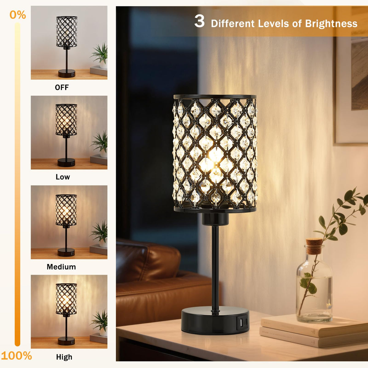 Black Crystal Bedside Table Lamps Set of 2 with USB C+A Ports