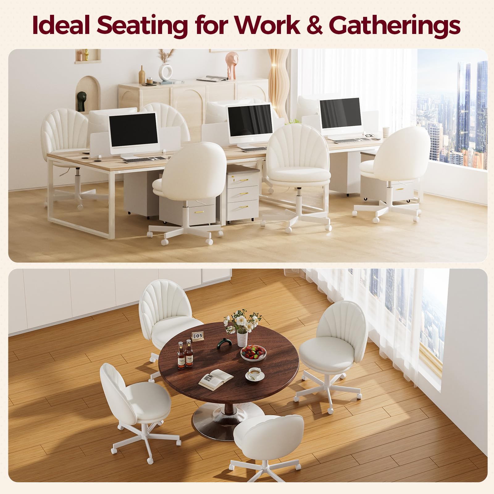 Small Ergonomic Tall Office Chair, Computer Desk Chair with Wheels Versatile Height Use: Office to Bar Stools (or Standing Desk), Vanity Chair with Back PU Leather Shell Design for Gift