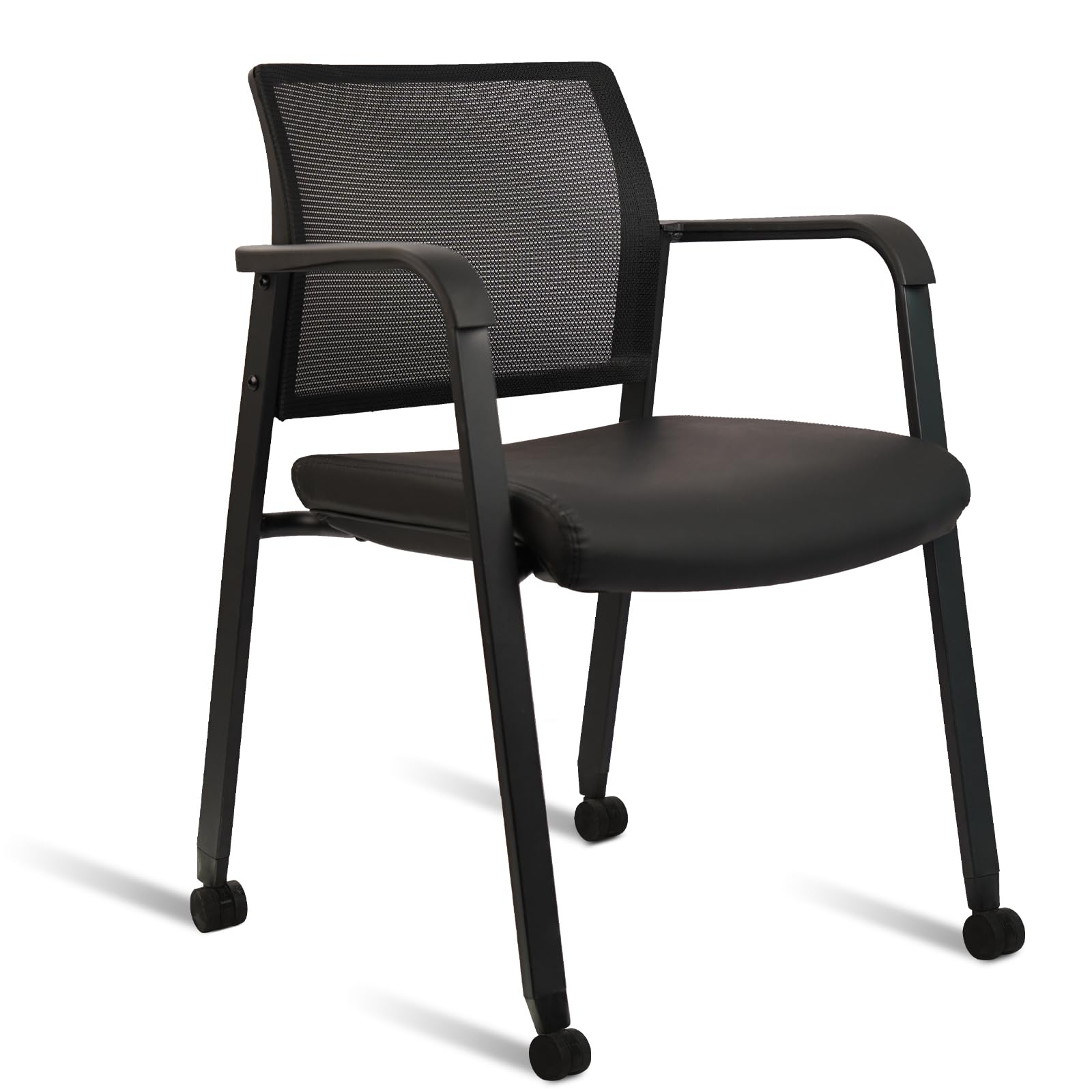 Stacking Office Chair with Wheels, Mesh Back Waiting Room Guest Chairs with Arms Comfortable Leather Cushion Stackable Desk Chair for Conference Reception School Side Stationary, Black