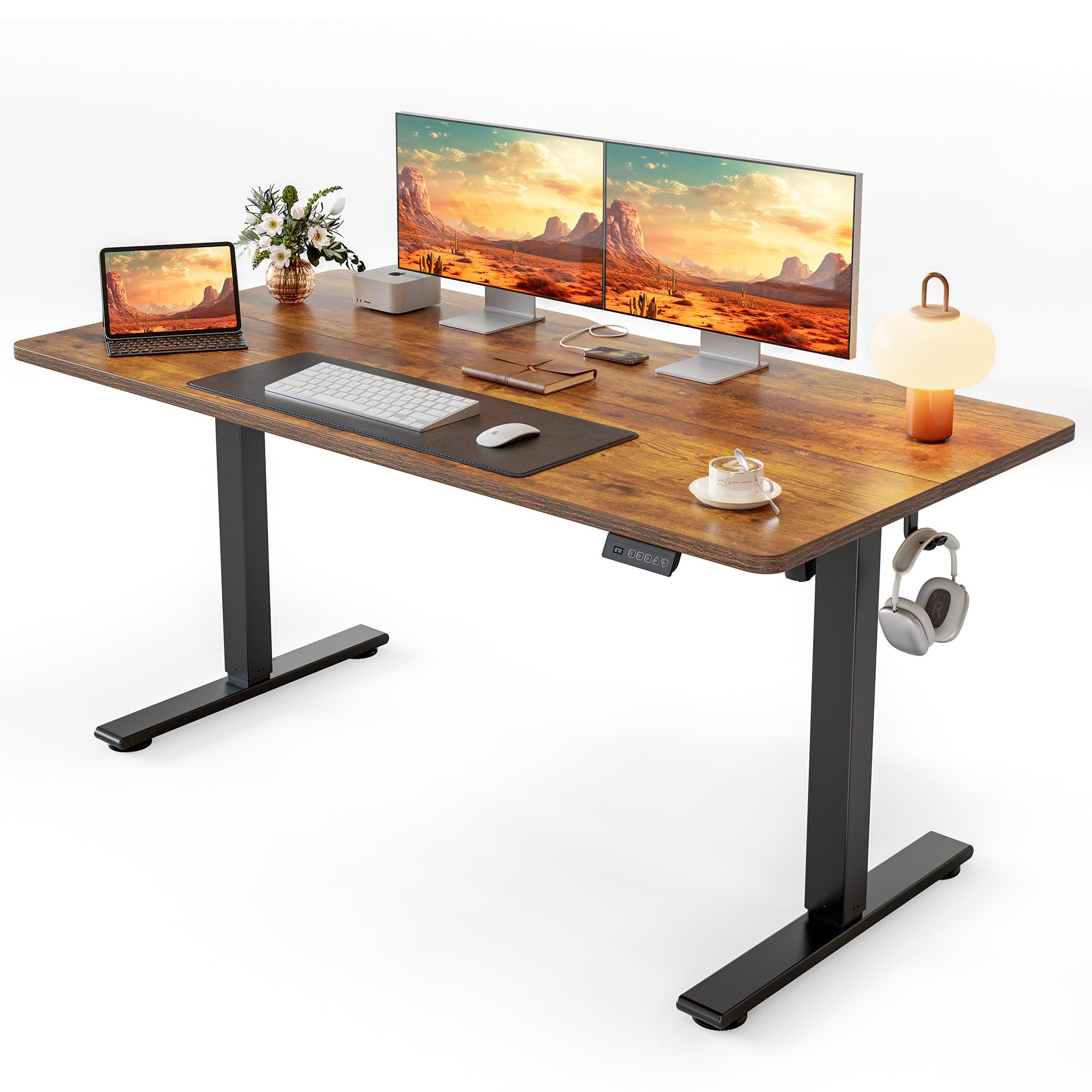 Standing Desk, 55x28 Inches Sit Stand Home Office Desk, Electric Stand up Desk, Adjustable Desk with Splice Board, Black Frame/Rustic Brown Top