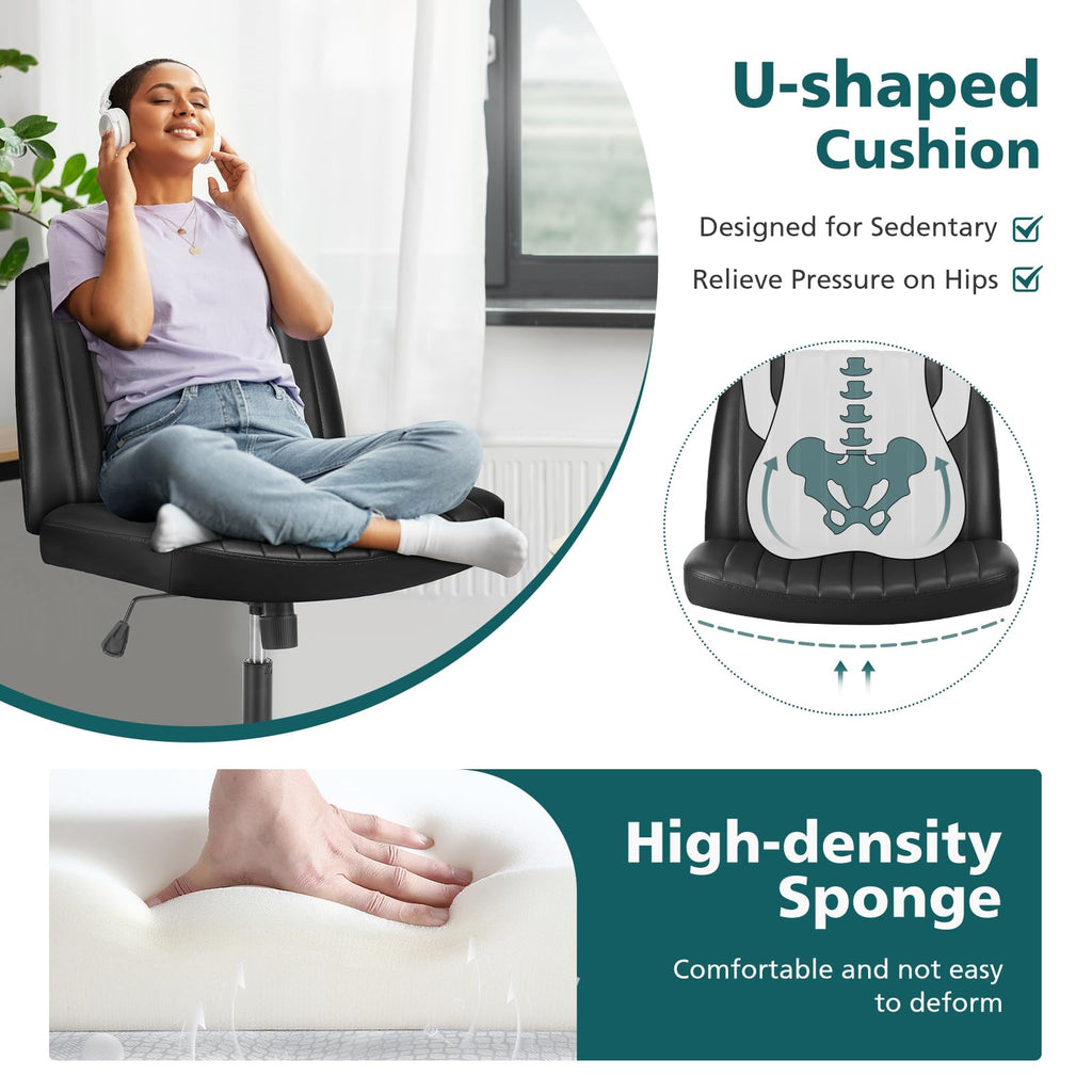 Criss Cross Legged Chairs No Wheels, Wide Seat Height Adjustable Swivel Chair,Padded PU Leather Armless Desk Chair for Home Office Bedroom, Student, Study Room,Black-Pu