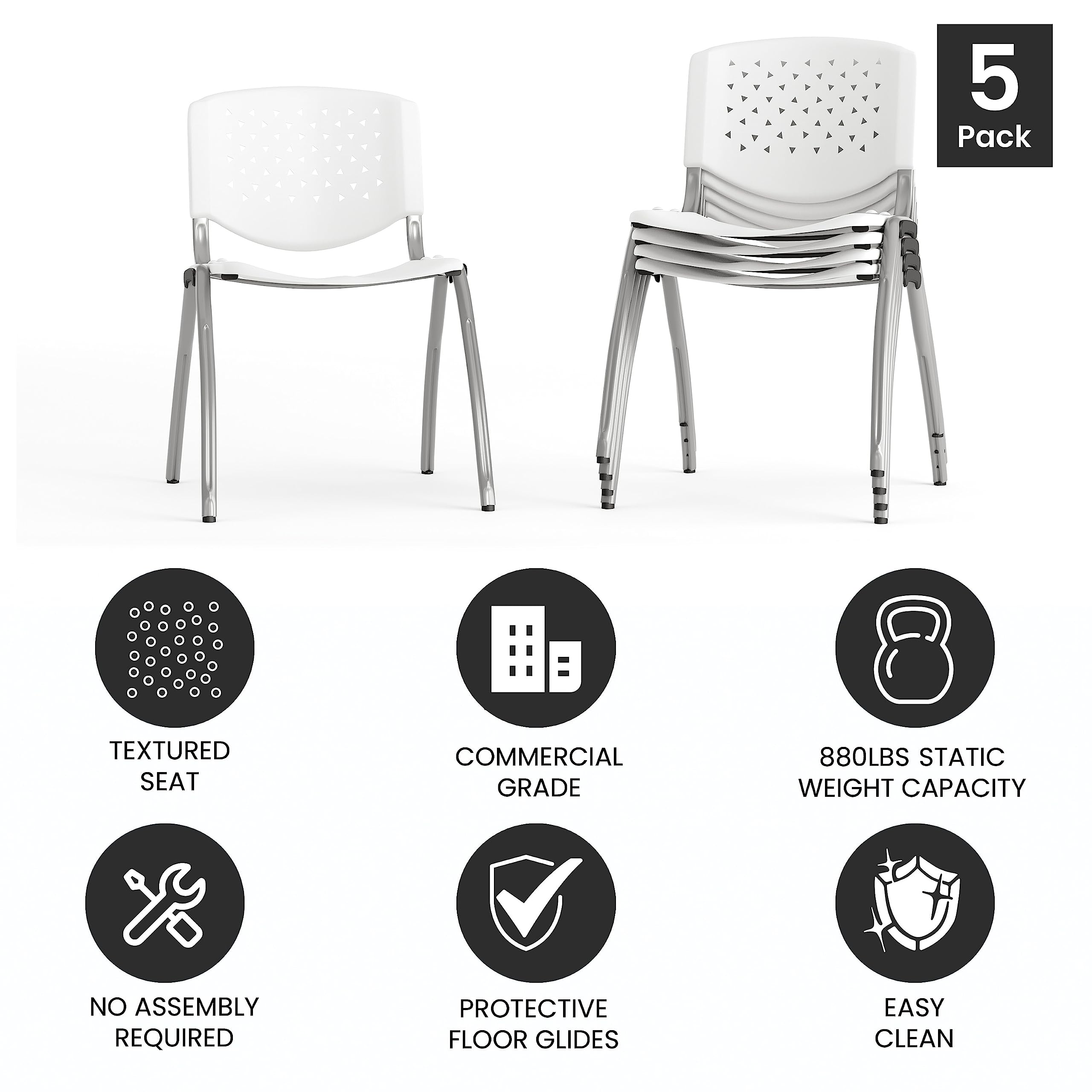 HERCULES -5 Pack 880 lb. Capacity White Plastic Stack Chair | Comfortable Seating with Durable Design