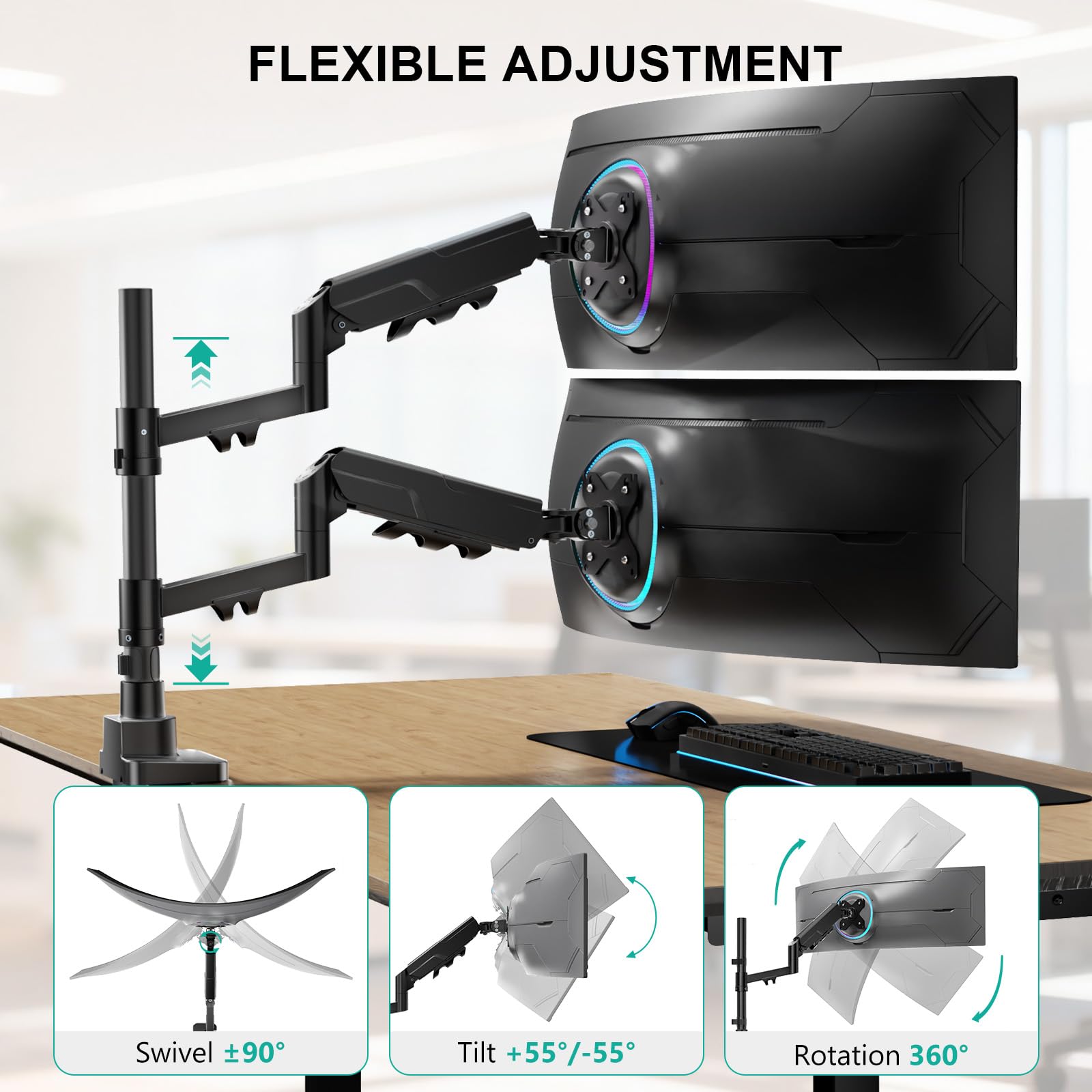 Vertical Dual Monitor Mount for 17-49 inch Ultrawides Curved Screens, Heavy Duty Stacked Dual Monitor Stand for Desk, Adjustable Ultrawide Monitor Arm up to 33lbs, VESA Mount 75/100mm, Black