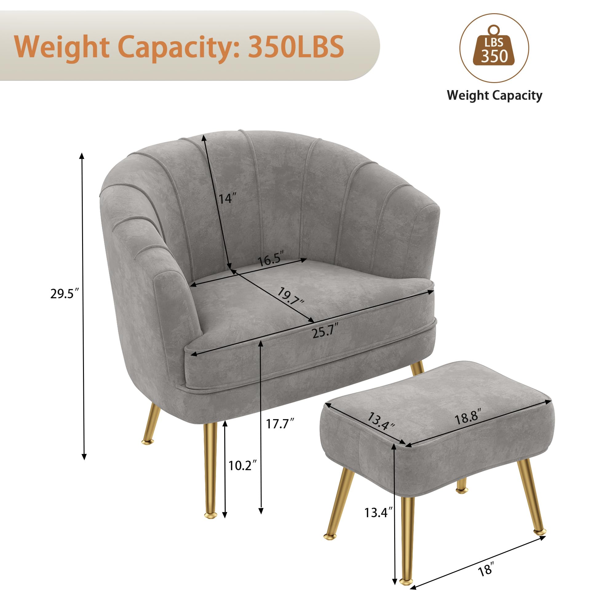 Velvet Accent Chair with Ottoman, Upholstered Modern Single Sofa Side Chair,Comfy Barrel Club Living Room Armchair with Golden Metal Legs for Bedroom Office Living Reading Room , Grey