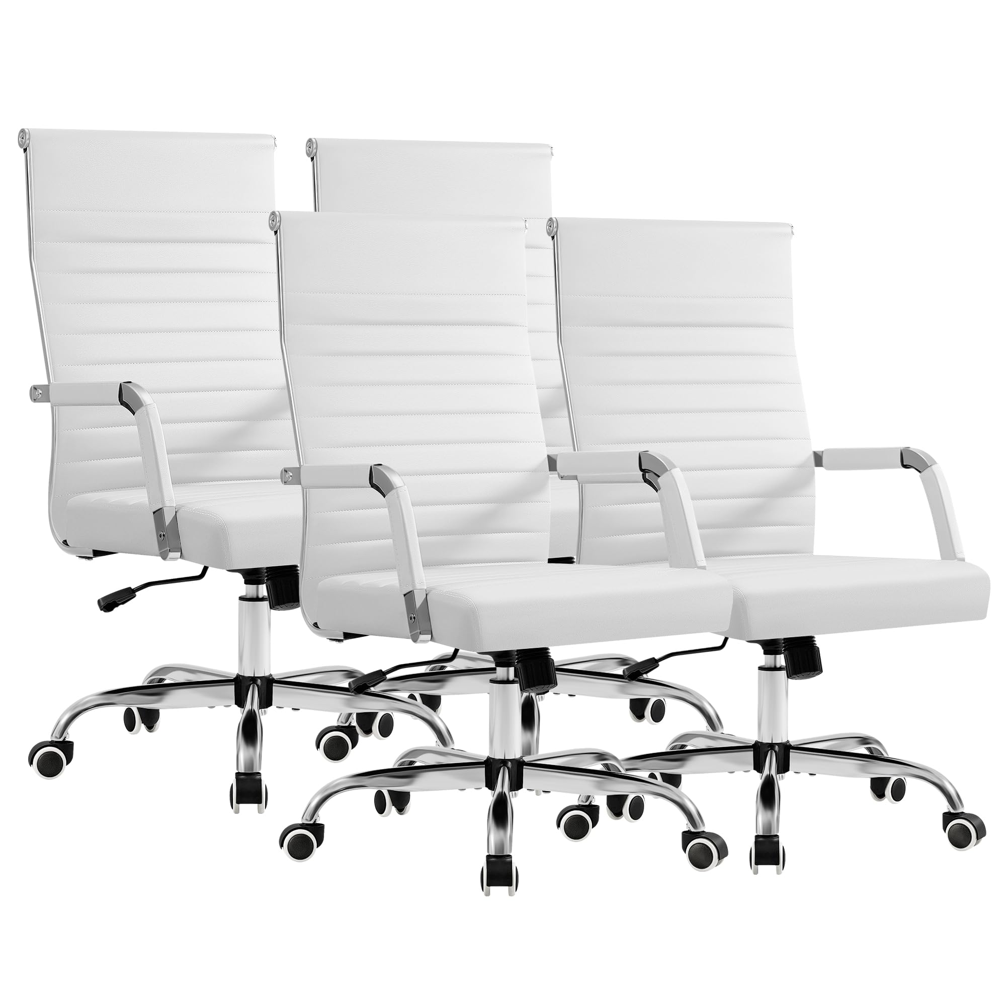 Ergonomic Office Desk Chair, Executive Ribbed Mid-Back PU Leather Conference Room Chair Adjustable Swivel Chair with Arms (4, White)