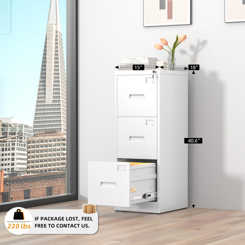 3 Drawer File Cabinet, White Metal Filing Cabinet with Lock, Locking Tall File Cabinets with 4 Adjustable Hanging Frame for Home Office, Name Tag