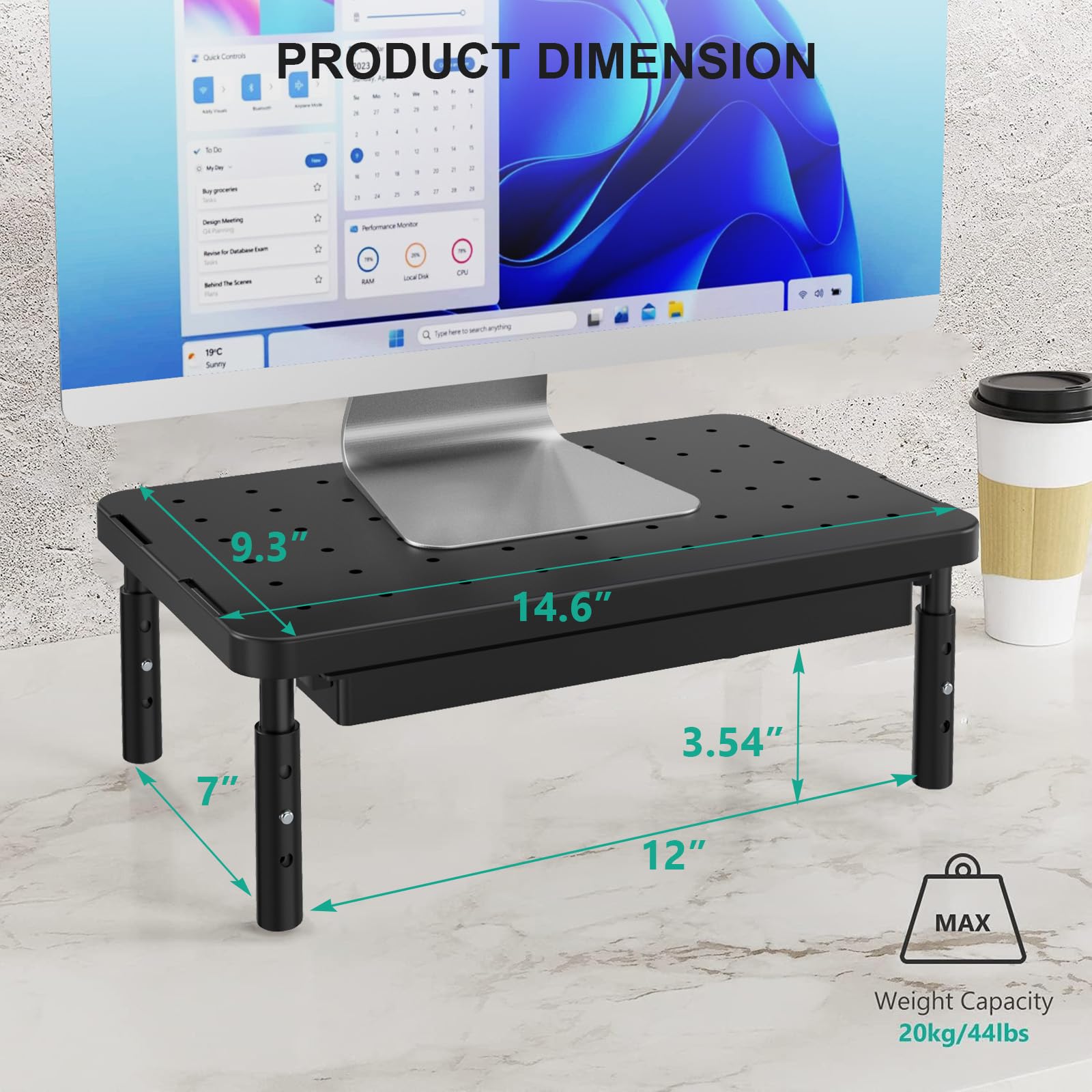 Computer Monitor Stand with Storage, Desk Monitor Riser 3 Height Adjustable, Laptop Riser with Airflow Vents, Desk Organizer for Computer, Laptop, Printer (PTT002-B), 1 Pack, Black