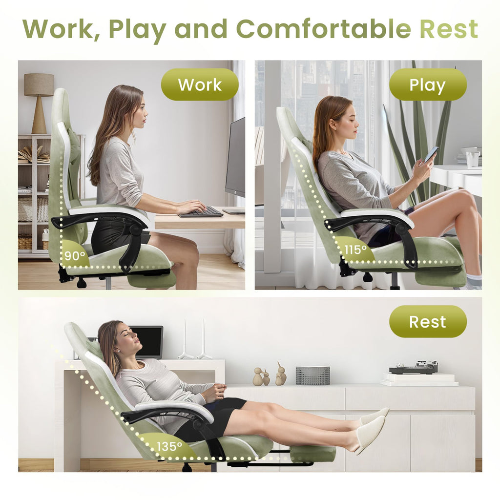 Gaming Chair with Footrest Lumbar Support for Home Office High Back Recliner Height Adjustable Ergonomic Comfy Fabric Computer Desk Chair (Green)