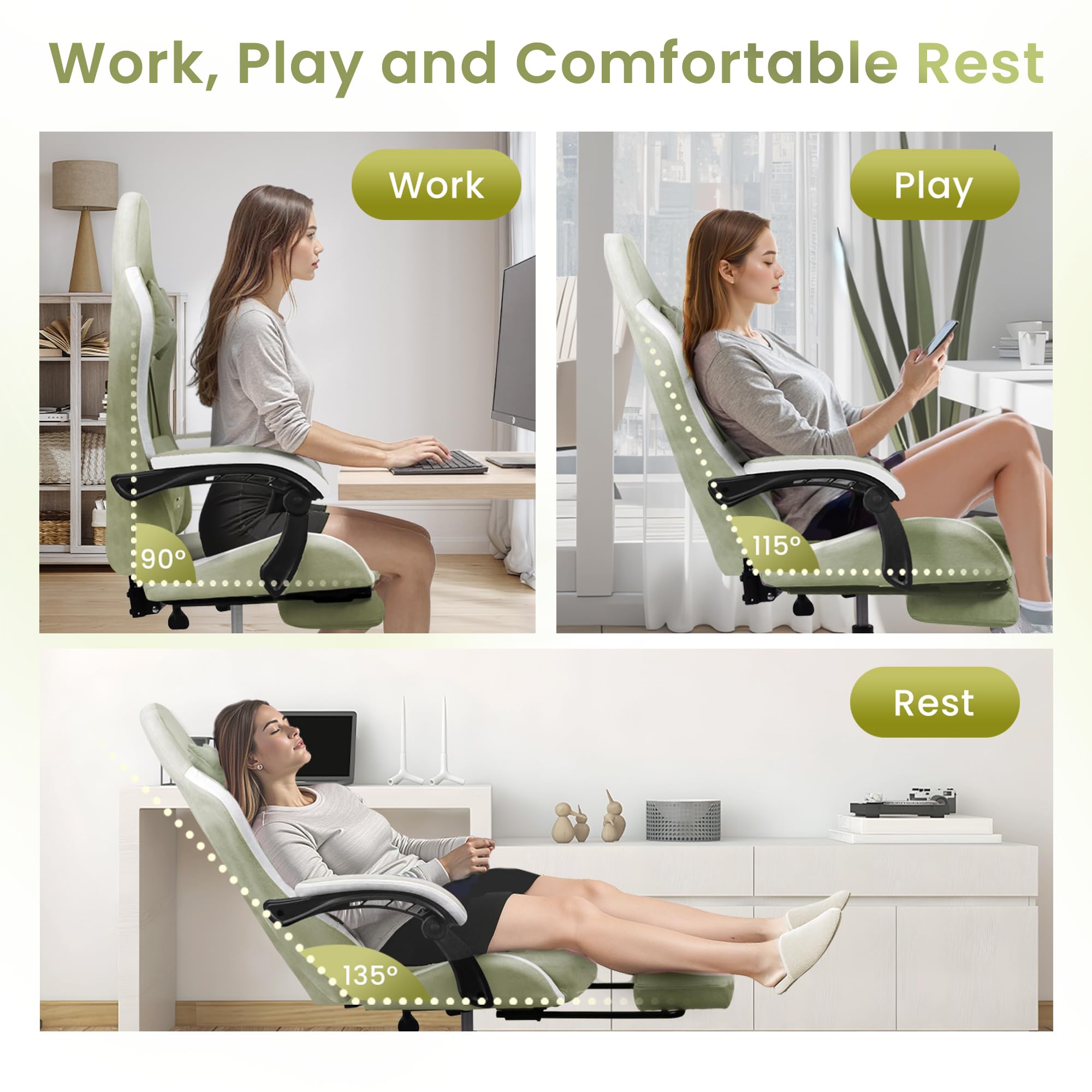 Gaming Chair with Footrest Lumbar Support for Home Office High Back Recliner Height Adjustable Ergonomic Comfy Fabric Computer Desk Chair (Green)