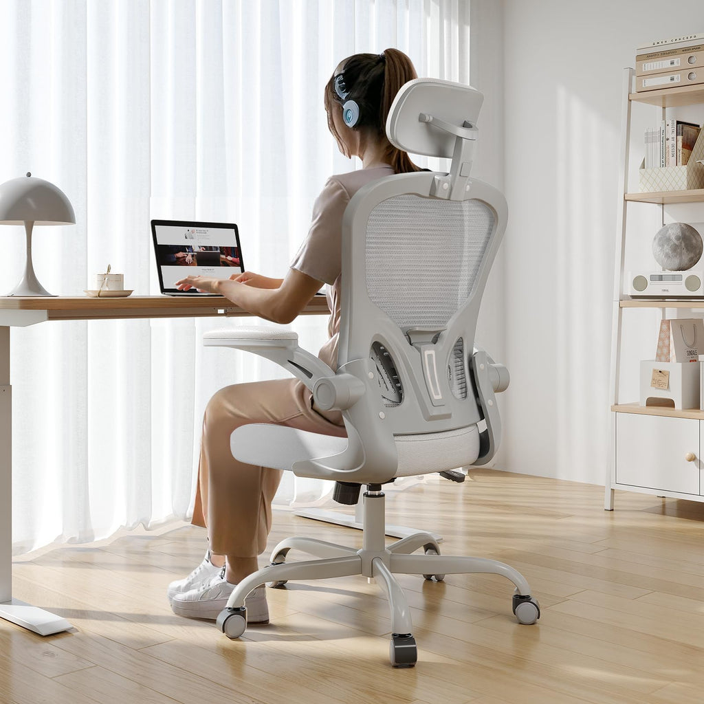 Office Chair Ergonomic Desk Chair, 330LBS Capacity, High Back Computer Design for Long Hours Comfort, Rolling Swivel Executive Task for Home Office with Flip-up Armrests（Grey）