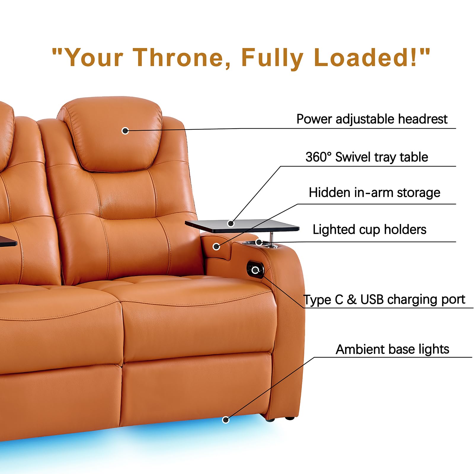 Home Theater Seating Simple Style Seats Top Grain Leather Loveseat Recliner Chair Dual Power Movie Theater Chairs Gaming Sofa with Tray Table (Orange, Row of 3 Loveseat Right)