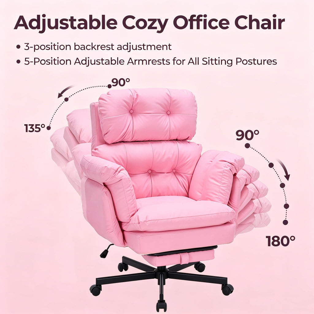 Criss Cross Office Chair with Foot Rest, Big and Tall Office Desk Chair with Flip Armrests for Pets & Cross Legged Sitting, Comfy Executive Ergonomic Reclining Computer Gaming Vanity Chair, Pink