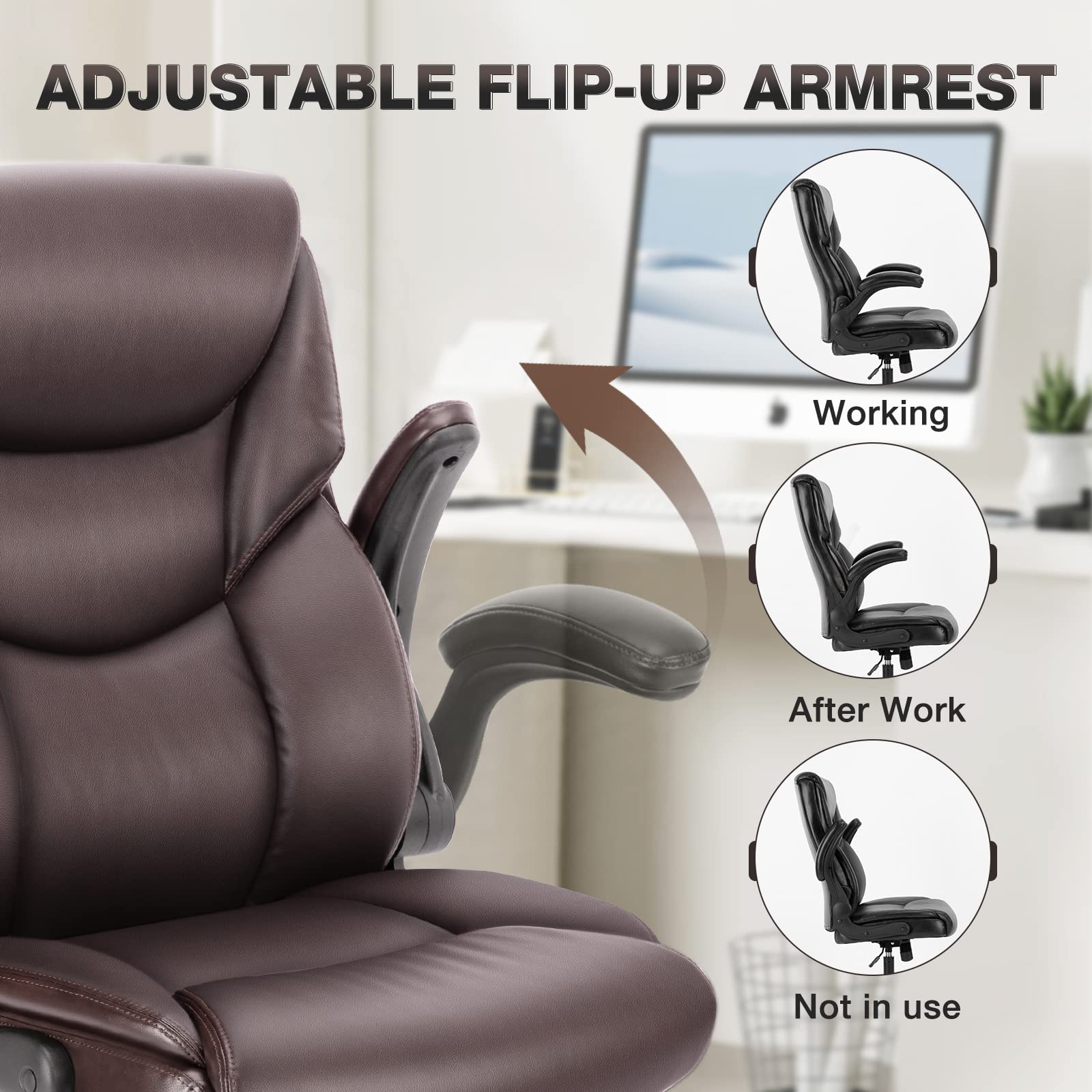 Ergonomic Office Chair, Heavy Duty 275lbs High Back Desk Chair, Flip-up Armrest PU Leather Swivel Rolling Chair with Wheels,Brown