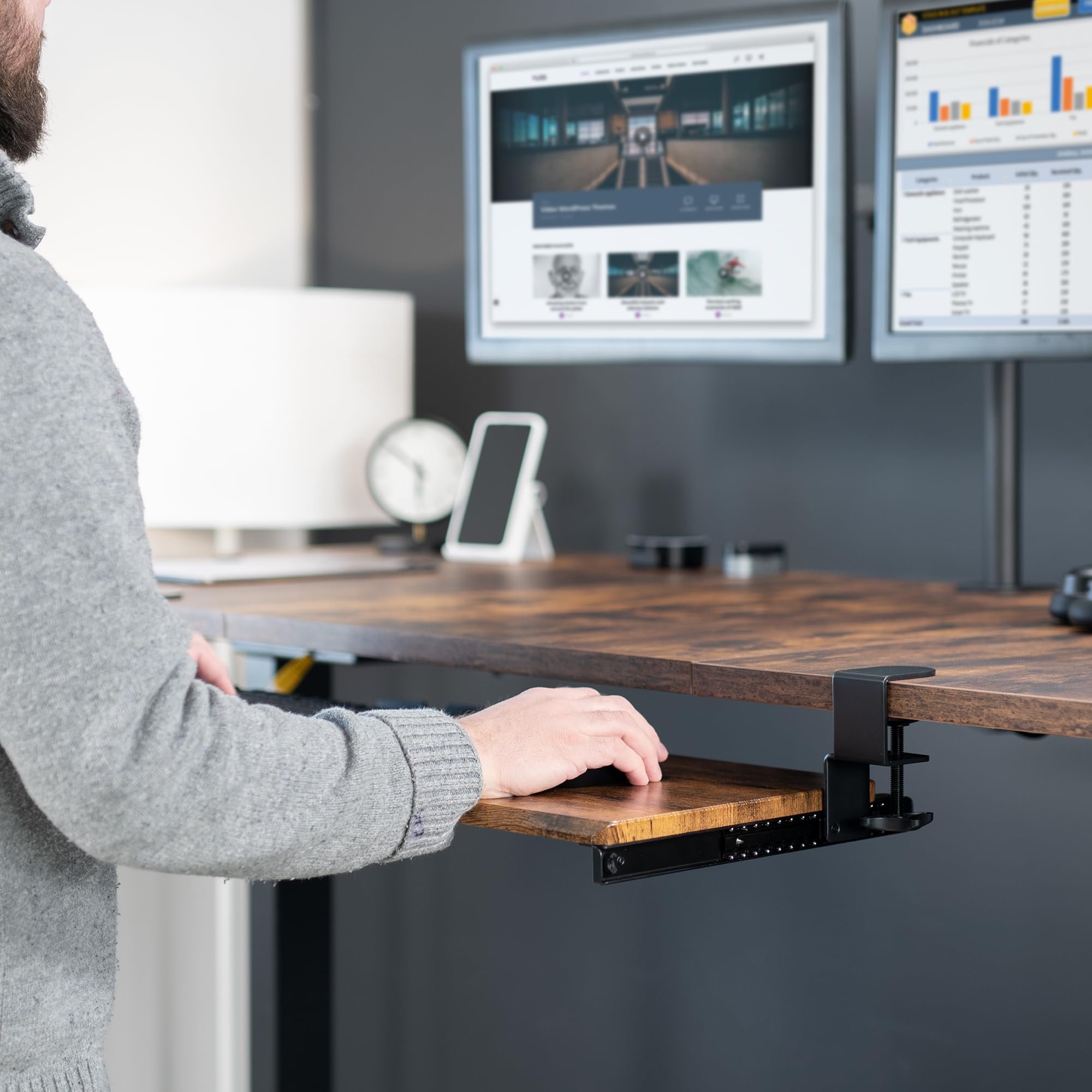 Extra Long Clamp-on Computer Keyboard and Mouse Under Desk Slider Tray, 34 x 11 inch Pull Out Platform Drawer, Rustic Vintage Brown