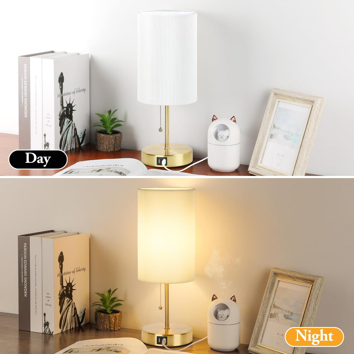 2 Sets Table Lamps with 2 USB, Minimalist Beside Lamps for Bedroom, Nightstand Lamp with Pull Chain, Desk Lamps with White Pleated Shade and Gold Metal Base for Living Room Dorm Reading Hotel