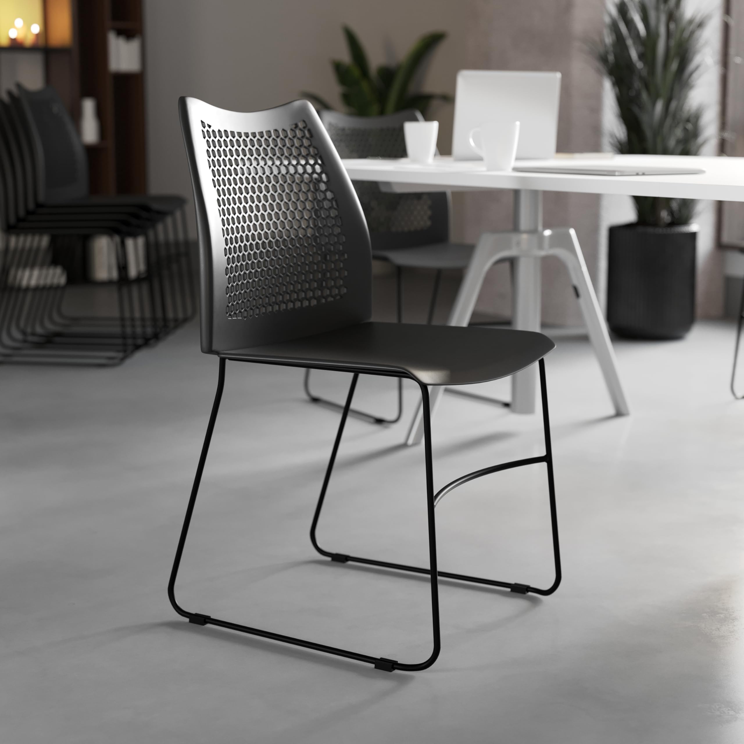 ( Set of 5)Hercules Series Contoured Lobby Chairs with Air-Vent Honeycomb Backs, Ergonomic Stacking Chairs for Offices, Black
