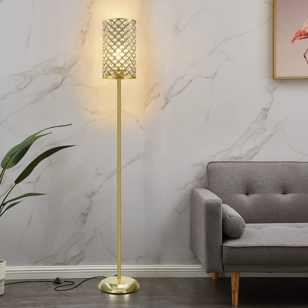 Gold Floor Lamp,Elegant Crystal Floor Lamp Modern Standing Lamp with On/Off Foot Switch,Tall Pole Accent Lighting for Living Room, Girl Bedroom, Dresser, Office