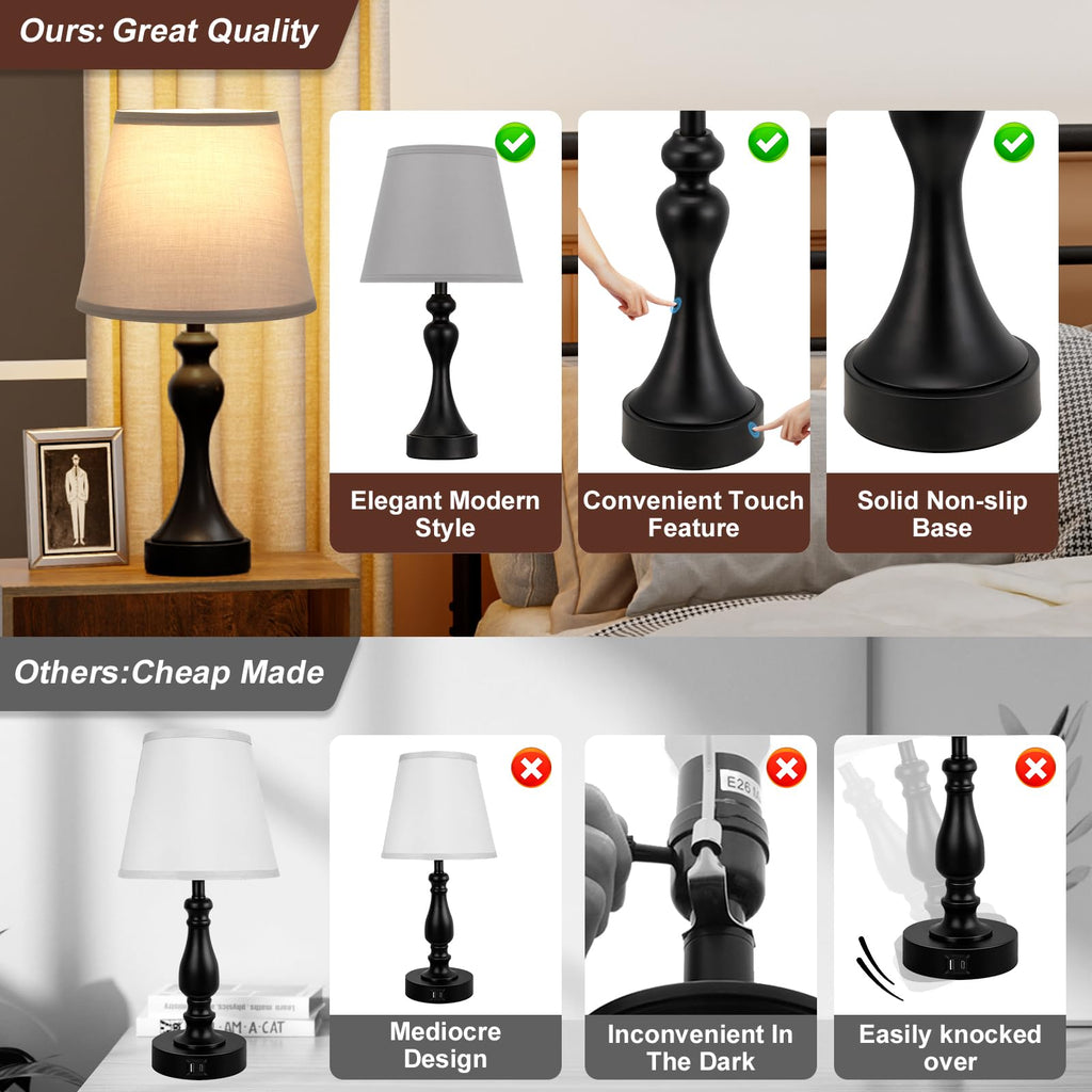 Touch Lamps for Nightstand, 3 Way Dimmable Bedside Lamps with USB C+A Ports