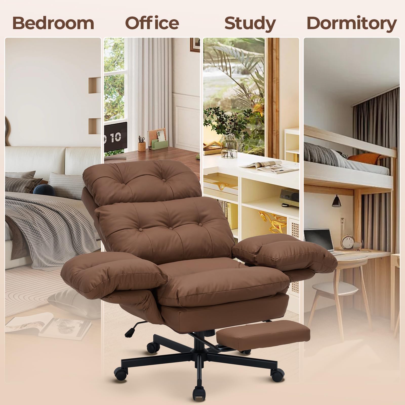 Criss Cross Office Chair with Foot Rest, Big and Tall Office Desk Chair with Flip Armrests for Pets & Cross Legged Sitting, Comfy Executive Ergonomic Reclining Computer Gaming Vanity Chair, Brown