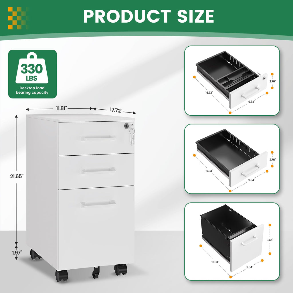 3 Drawer Slim File Cabinet, Mobile File Cabinet with Lock for Home Office, Rolling Narrow File Cabinet, Under Desk Locking Filing Cabinet on Wheels for Legal/Letter/A4 File(Unassembled,White)