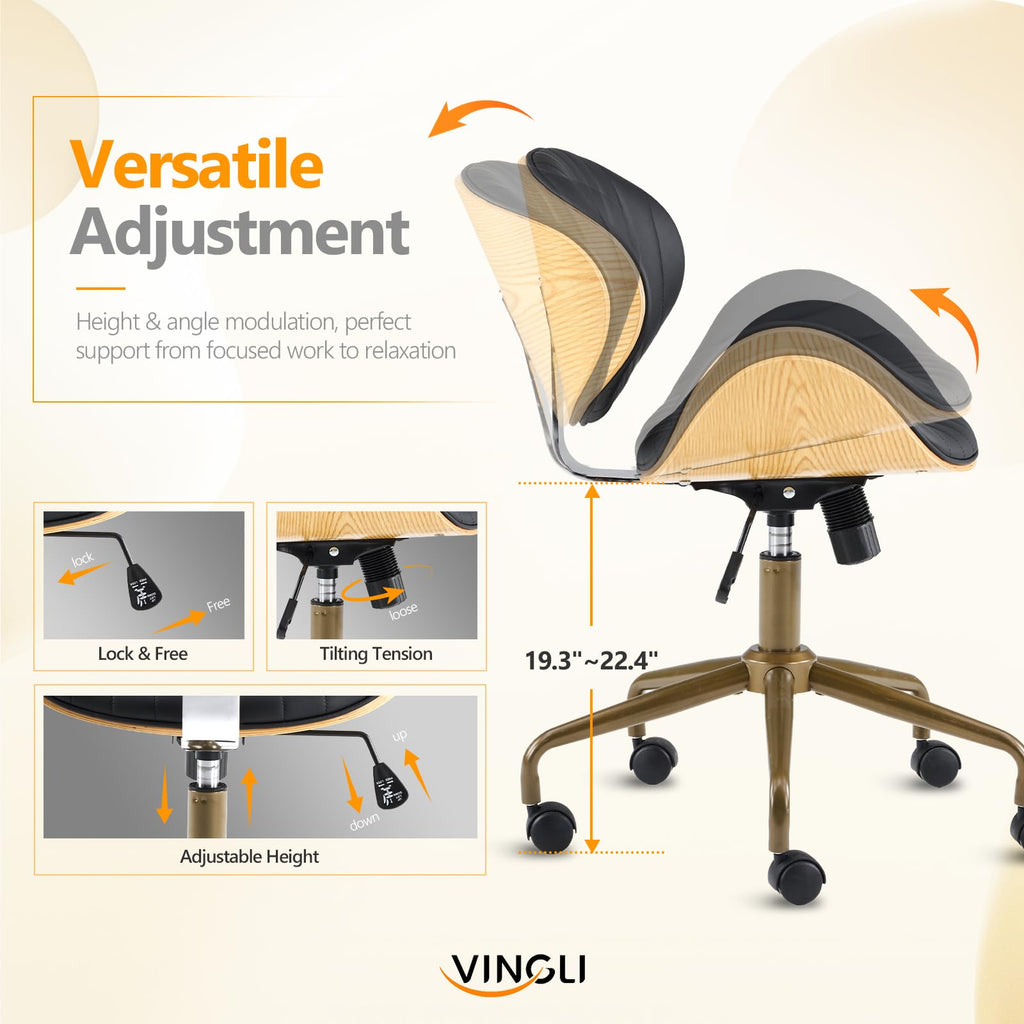 Wide Comfotable Swivel Home Office Chair with Wood-Grain Curved Shell,Ergomomic Mid-Back Padded Armless Rolling Desk Chair with Wheels,Height Adjustable for Computer,Task,Work,PU Leather,Black