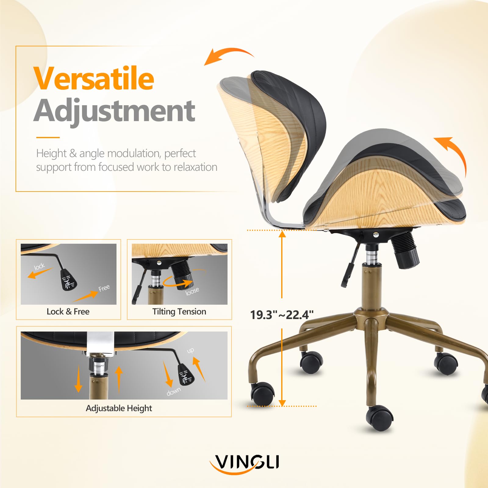 Wide Comfotable Swivel Home Office Chair with Wood-Grain Curved Shell,Ergomomic Mid-Back Padded Armless Rolling Desk Chair with Wheels,Height Adjustable for Computer,Task,Work,PU Leather,Black