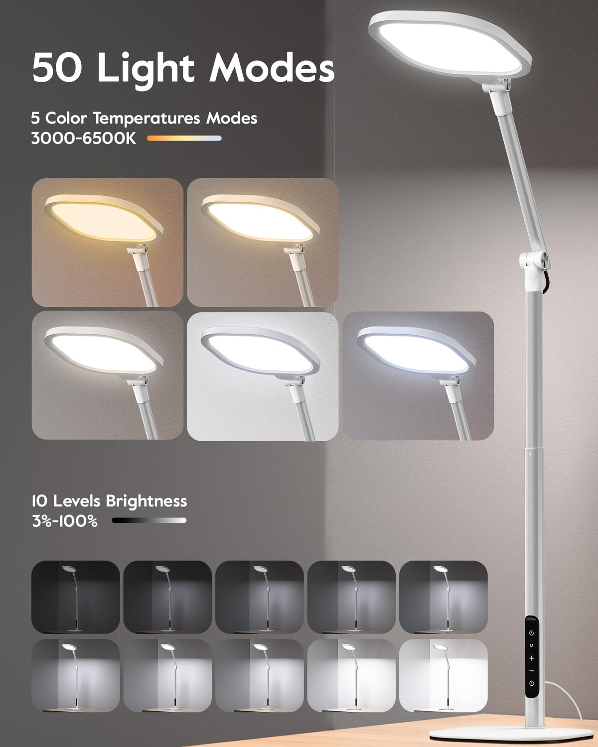 Tall LED Desk Lamps with Base, Edge-Lit Eye-Care, 50 Light Modes