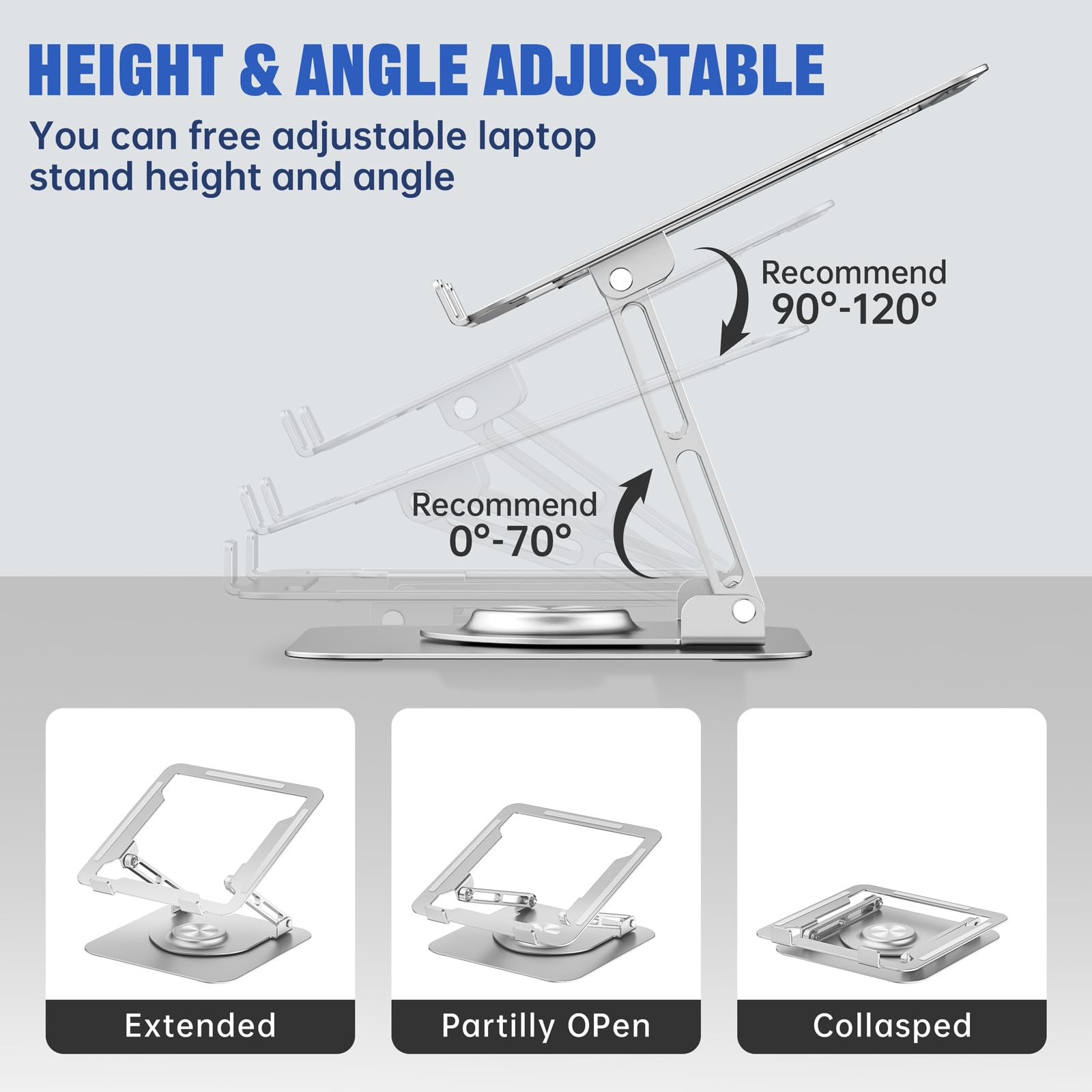 Laptop Stand for Desk, Adjustable Computer Stand with 360° Rotating Base, Ergonomic Laptop Riser for Collaborative Work, Foldable & Portable Laptop Stand, fits for All 10-16" Laptops
