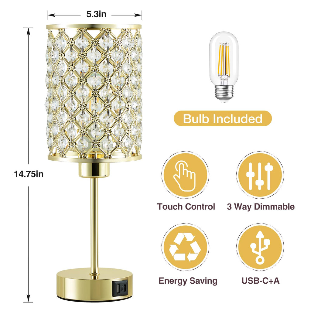 Crystal Table Lamp, Gold Touch Lamp with USB C+A Port, 3-Way Dimmable