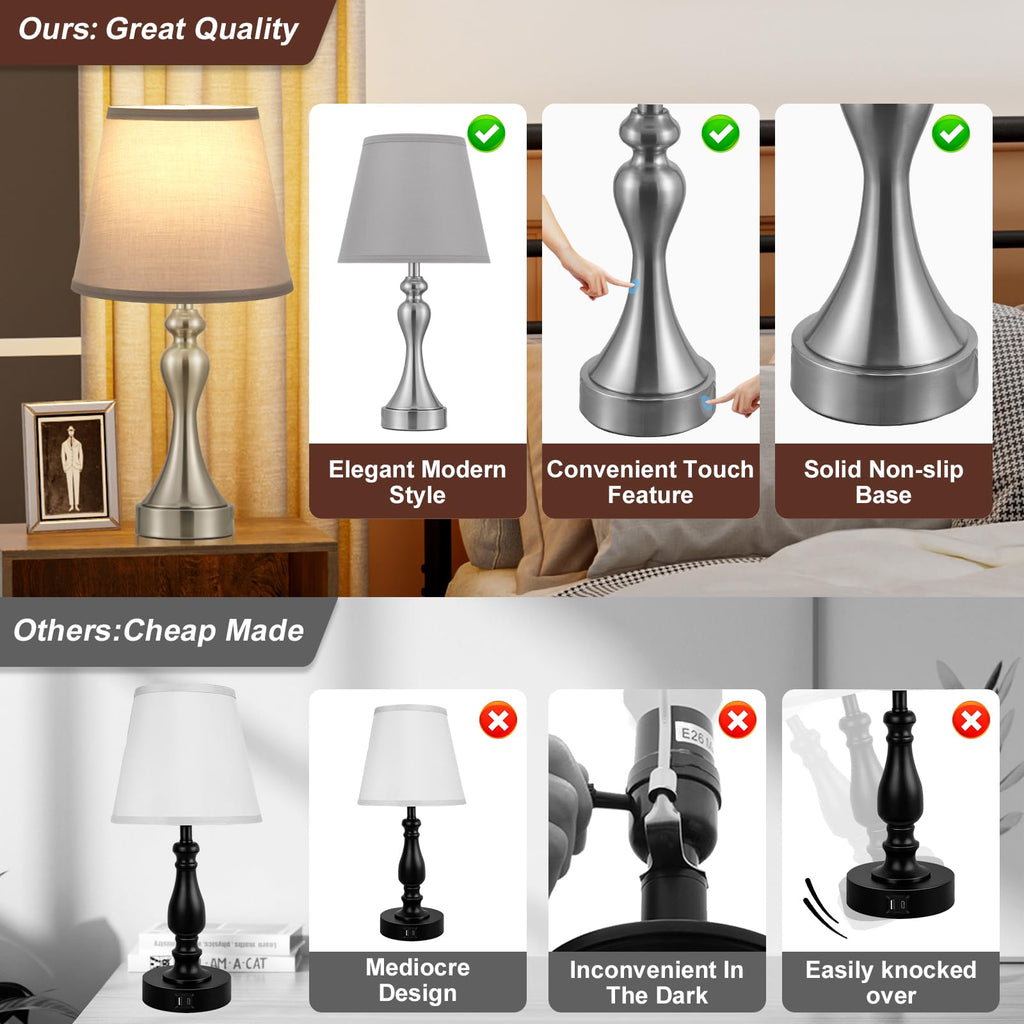 Touch Lamps for Nightstand, 3 Way Dimmable Bedside Lamps with USB C+A Ports