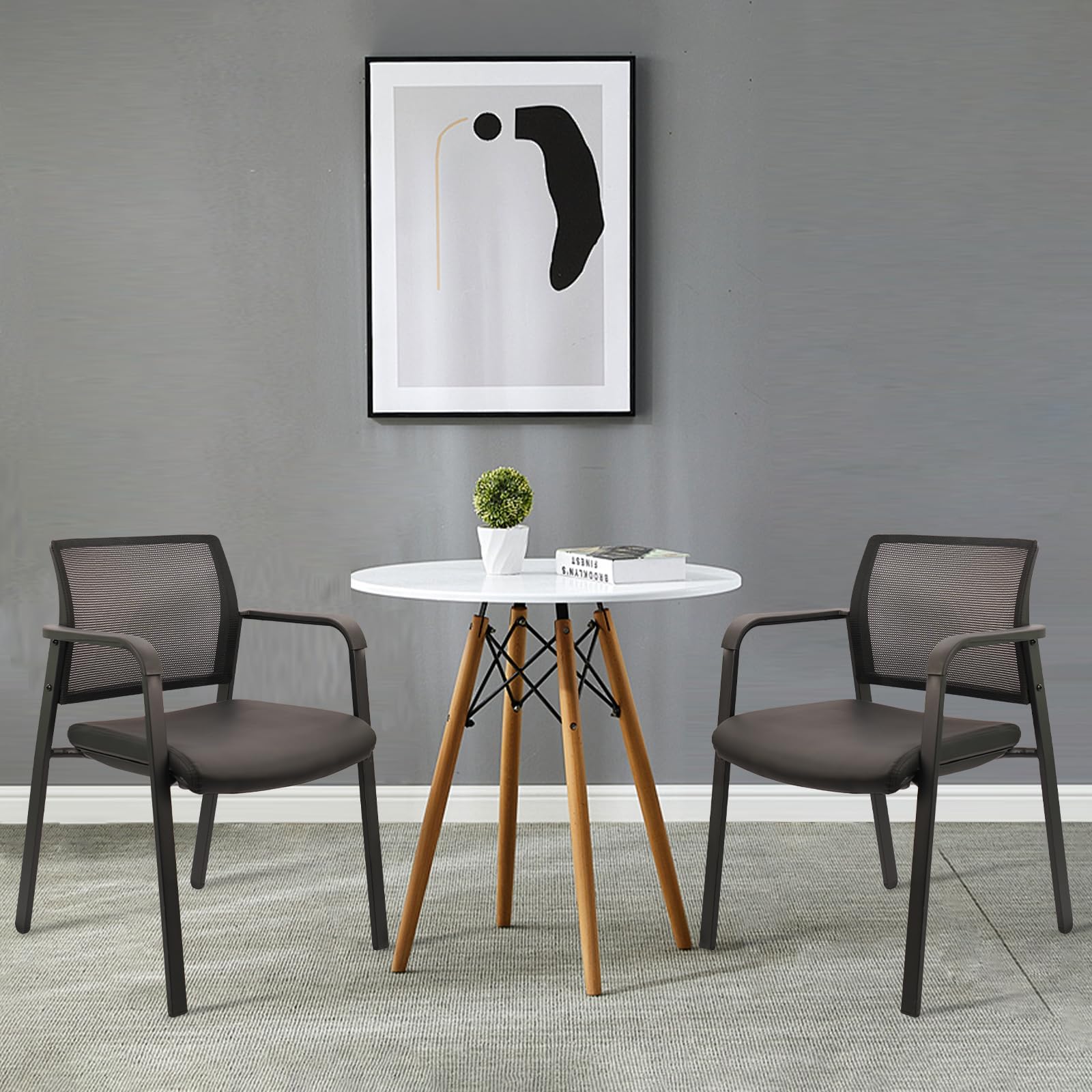 Set of 4, Stackable Office Chair, Mesh Back Guest Chairs with Comfortable Leather Seat Arms Stacking Ergonomic Desk Chair No Wheels for Conference Waiting Reception School Stationary, Black
