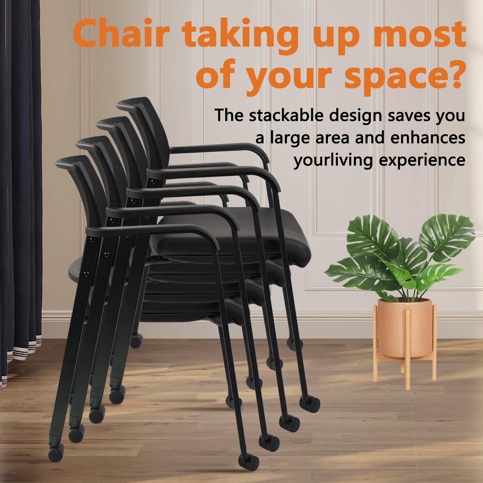 Stacking Office Chair with Wheels, Mesh Back Waiting Room Guest Chairs with Arms Comfortable Leather Cushion Stackable Desk Chair for Conference Reception School Side Stationary, Black